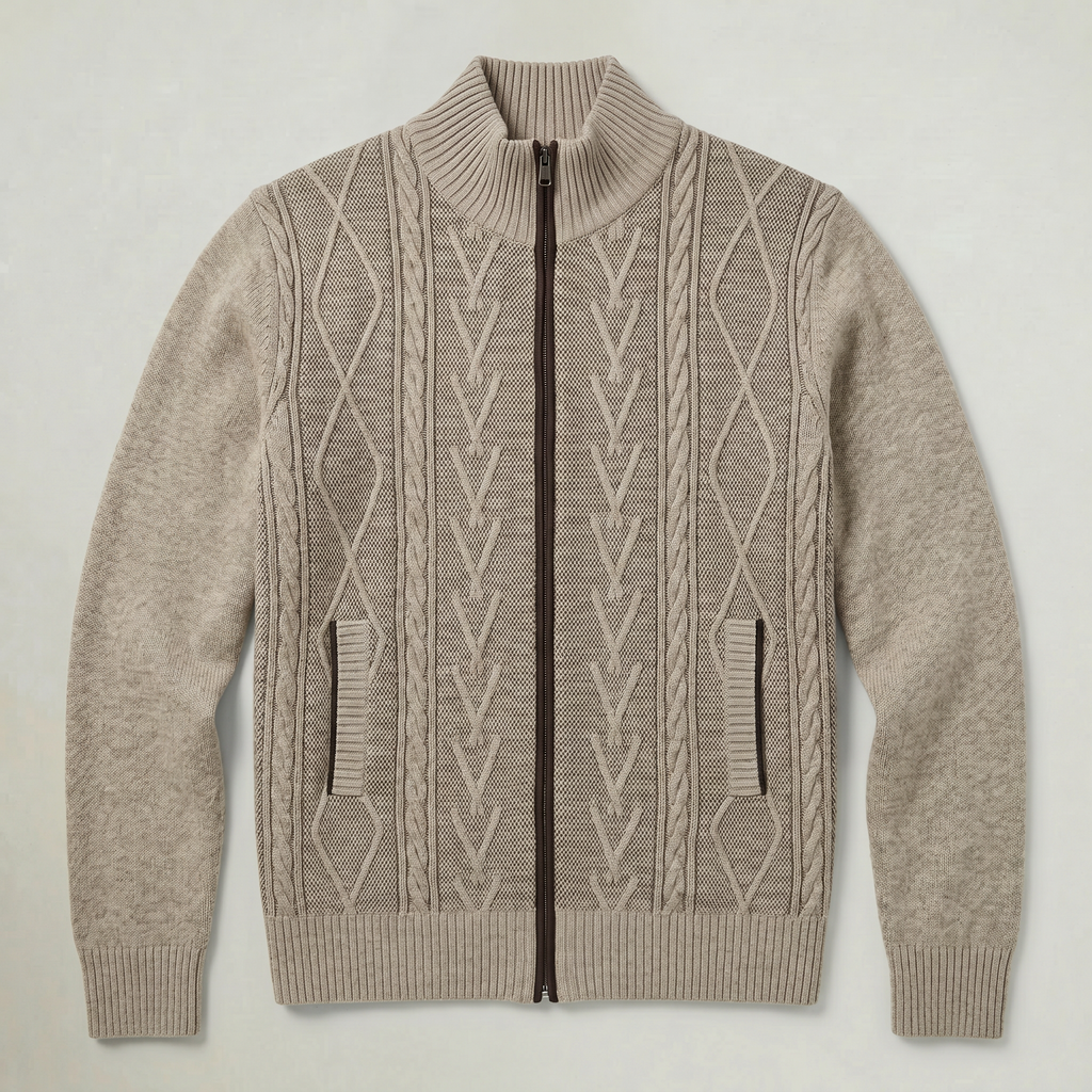 Men’s Knit Zip Jacket - Textured Cardigan Style Regular Fit
