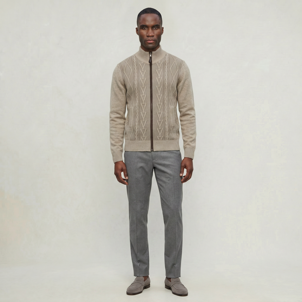 Men’s Knit Zip Jacket - Textured Cardigan Style Regular Fit