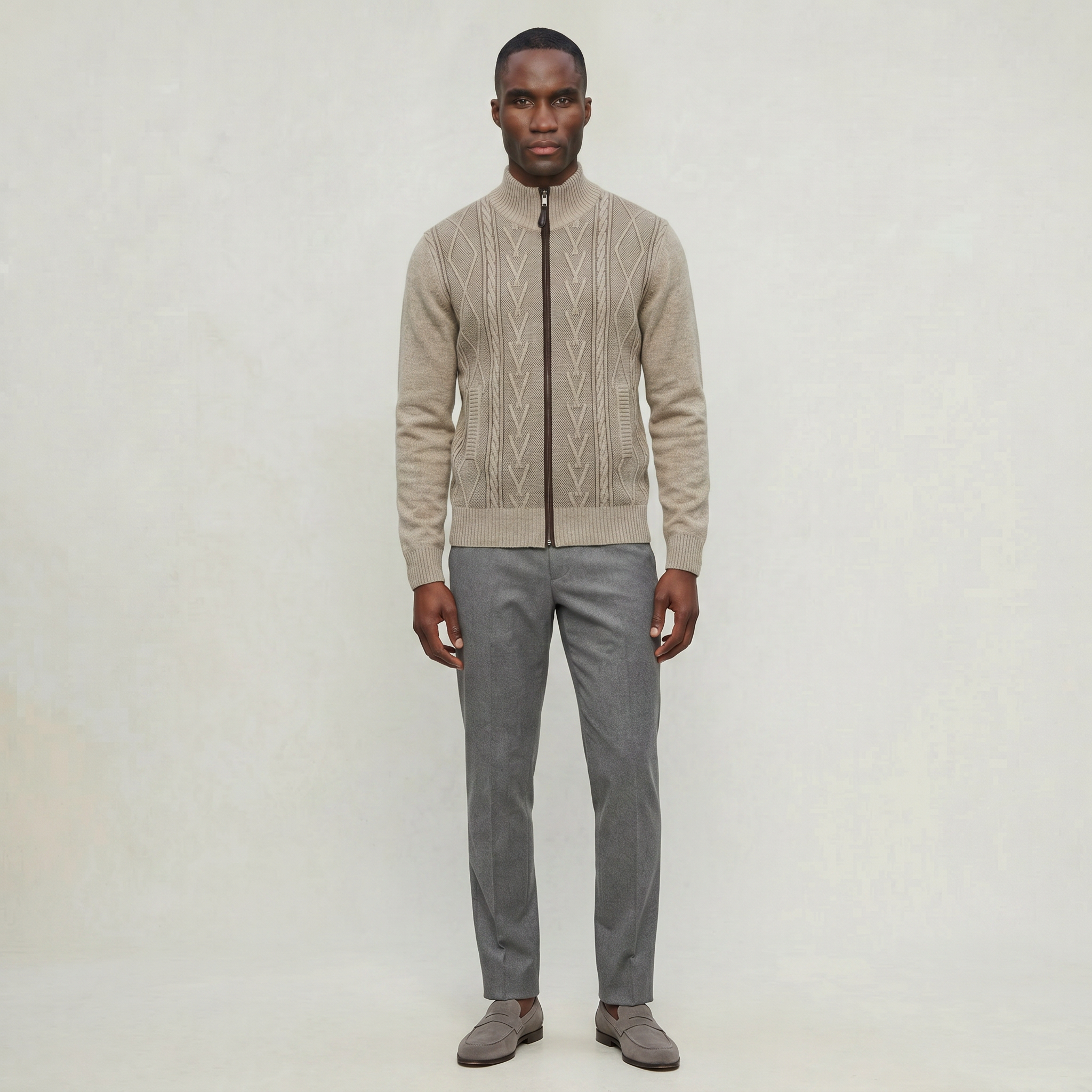 Men’s Knit Zip Jacket - Textured Cardigan Style Regular Fit