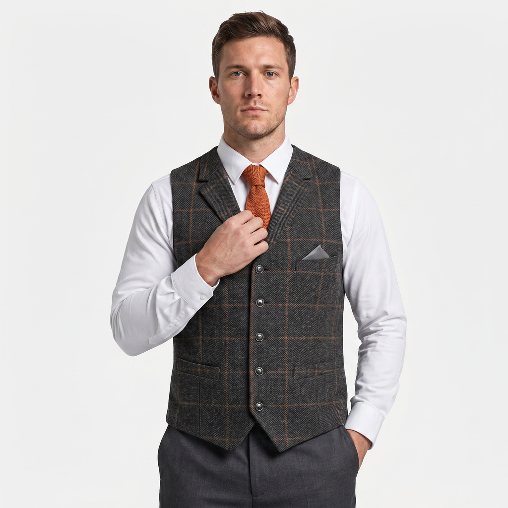 Men’s Tweed Vest - Fitted Waistcoat Wool Fit