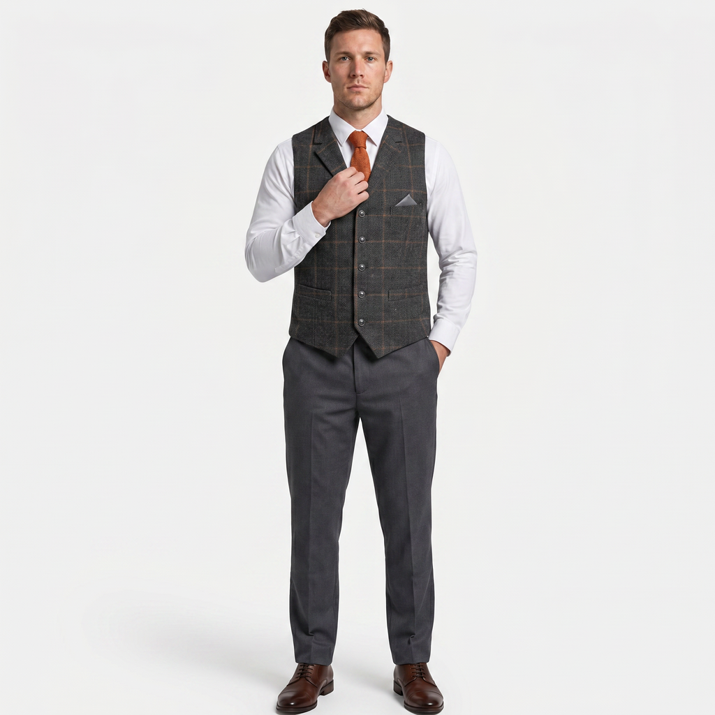 Men’s Tweed Vest - Fitted Waistcoat Wool Fit