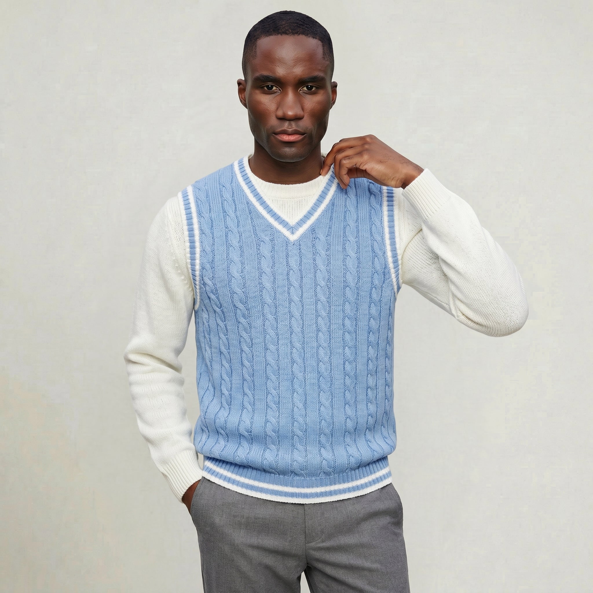Men’s Cable Knit Sleeveless Vest  - V Neck Sweater