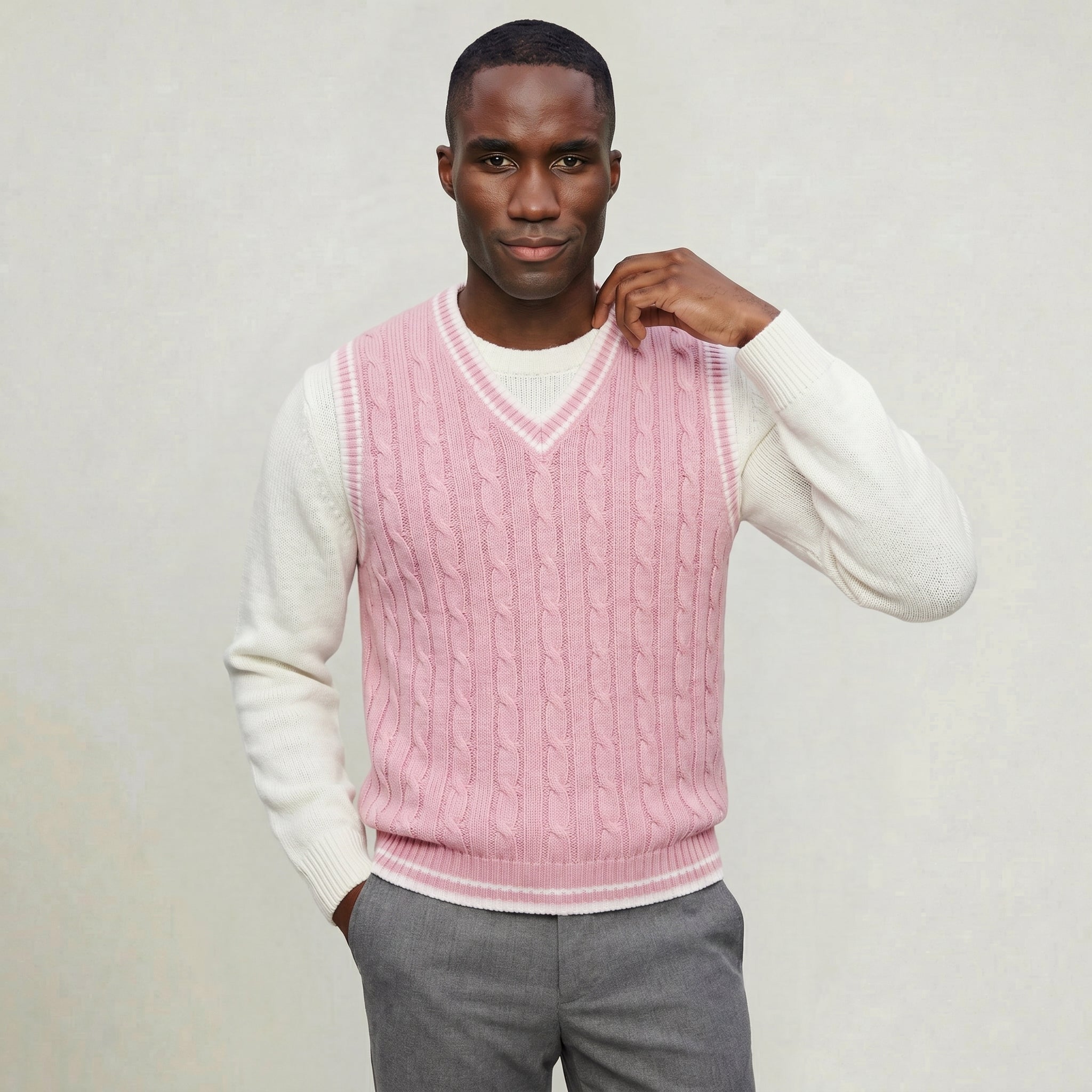 Men’s Cable Knit Sleeveless Vest  - V Neck Sweater