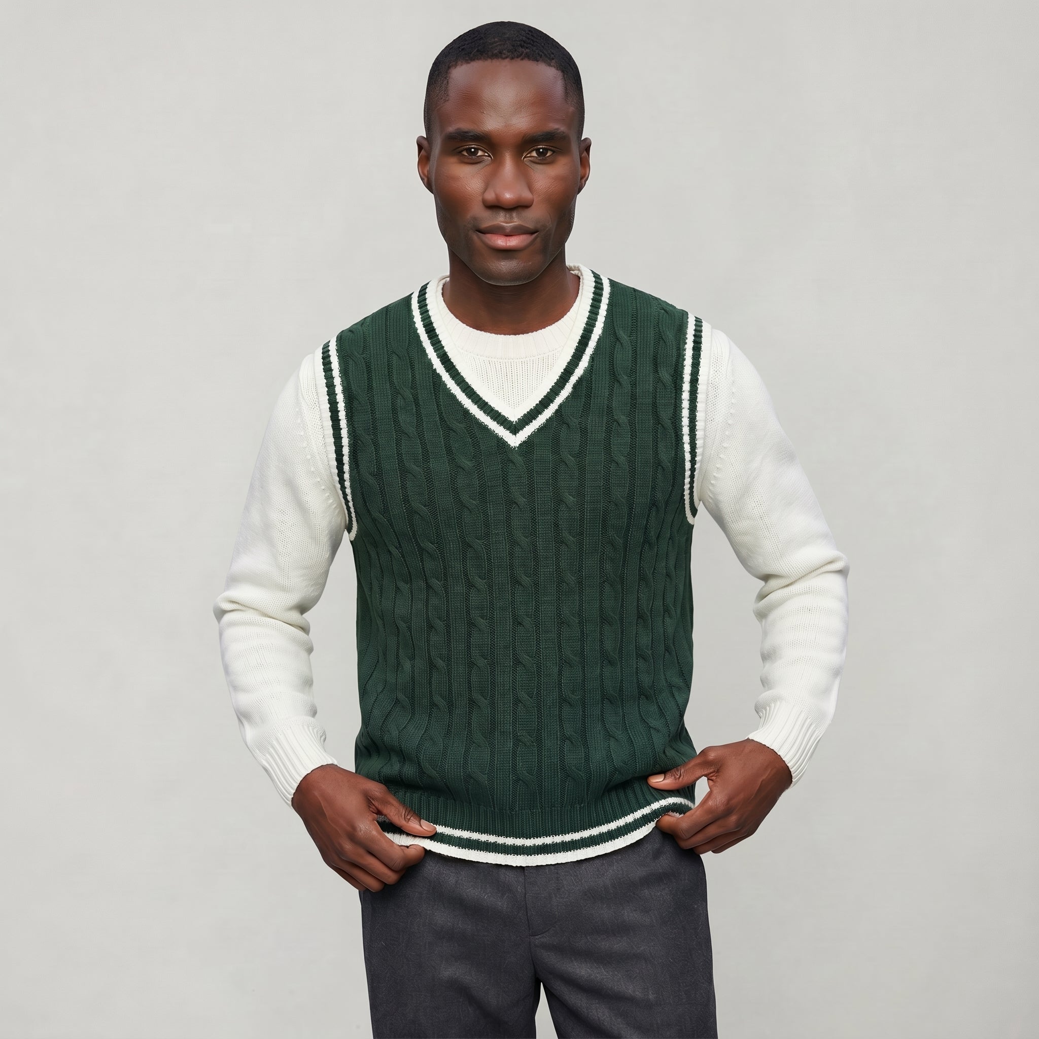 Men’s Cable Knit Sleeveless Vest  - V Neck Sweater