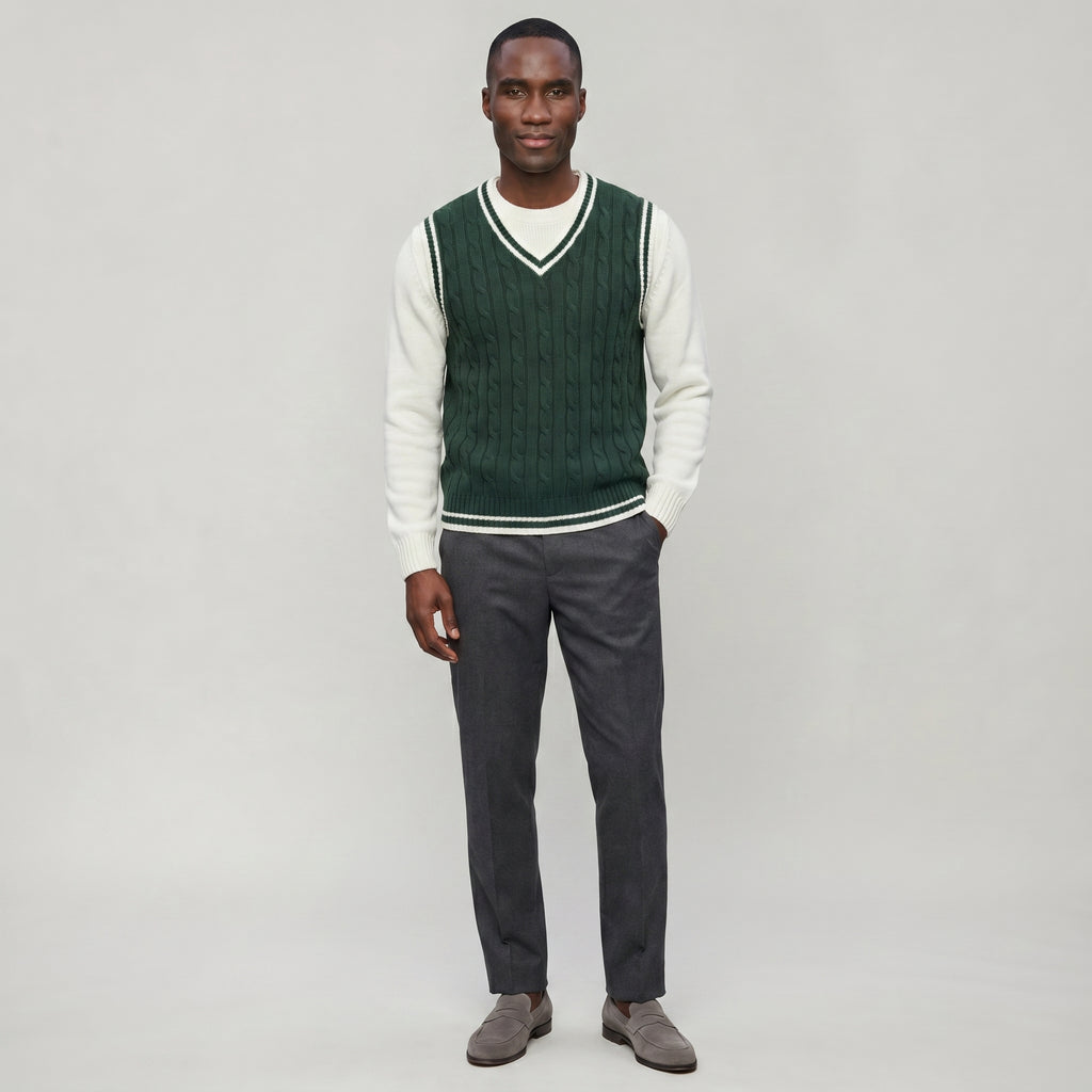 Men’s Cable Knit Sleeveless Vest  - V Neck Sweater