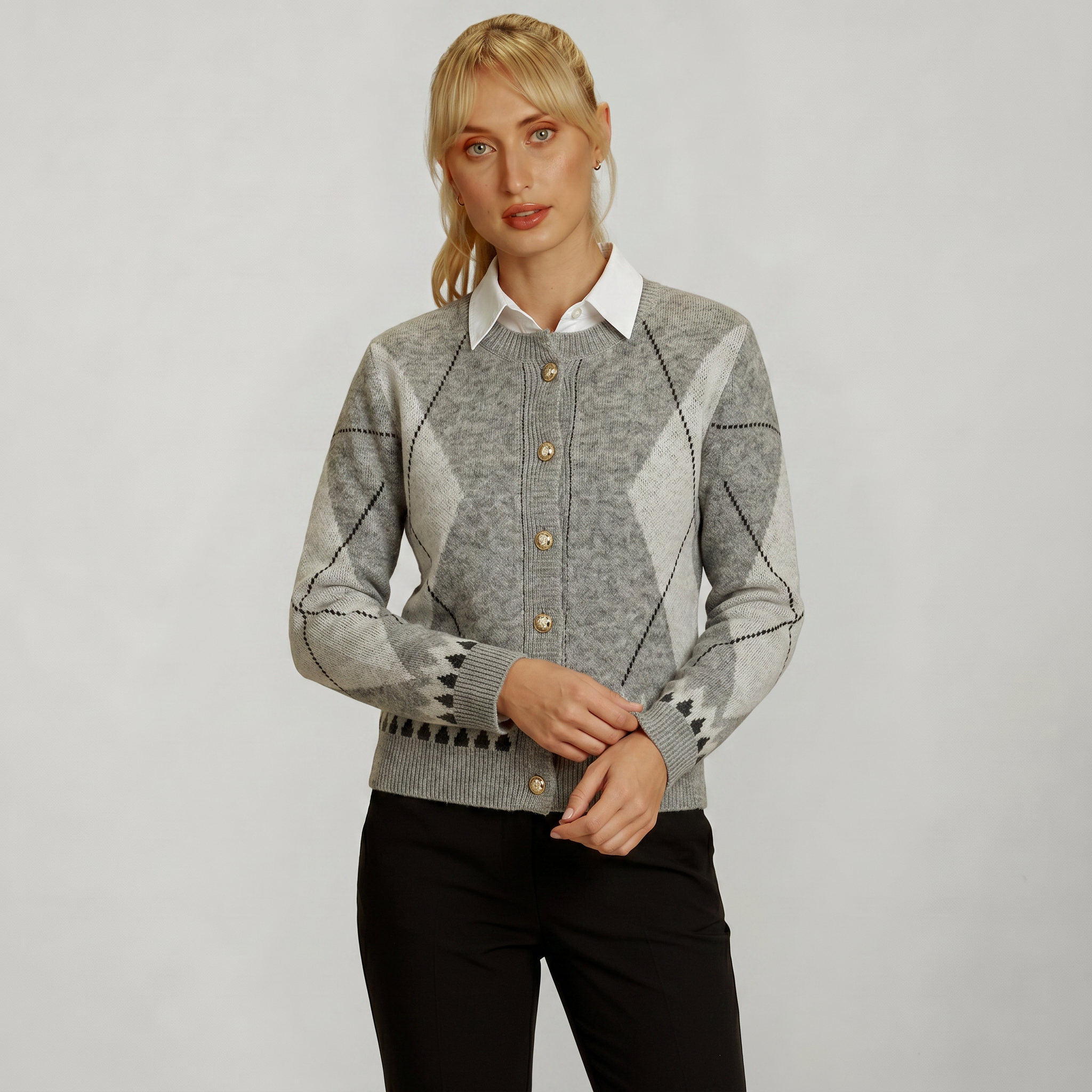 Women’s Argyle Knit Cardigan - Button Front Patterned Sweater