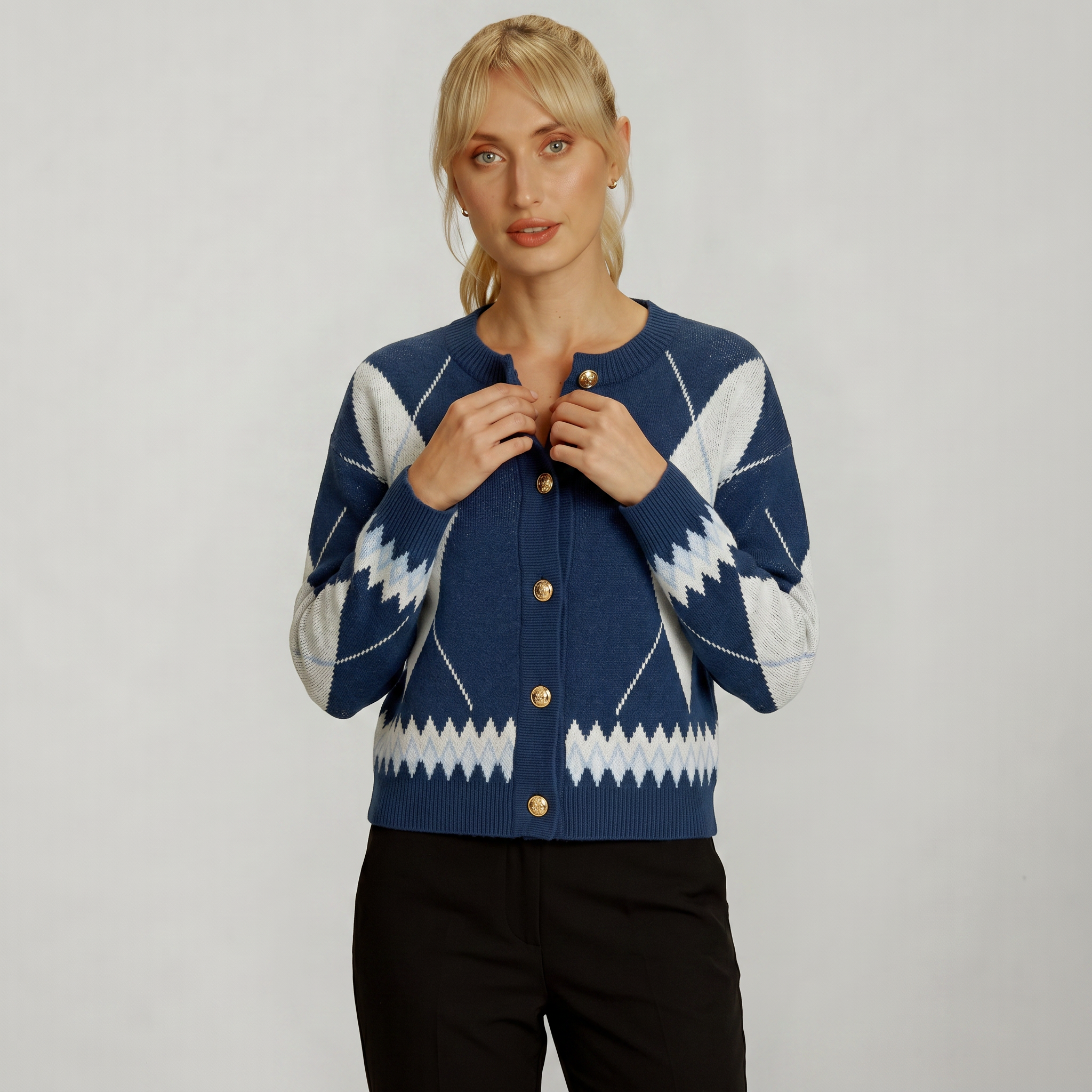 Women’s Argyle Knit Cardigan - Button Front Patterned Sweater
