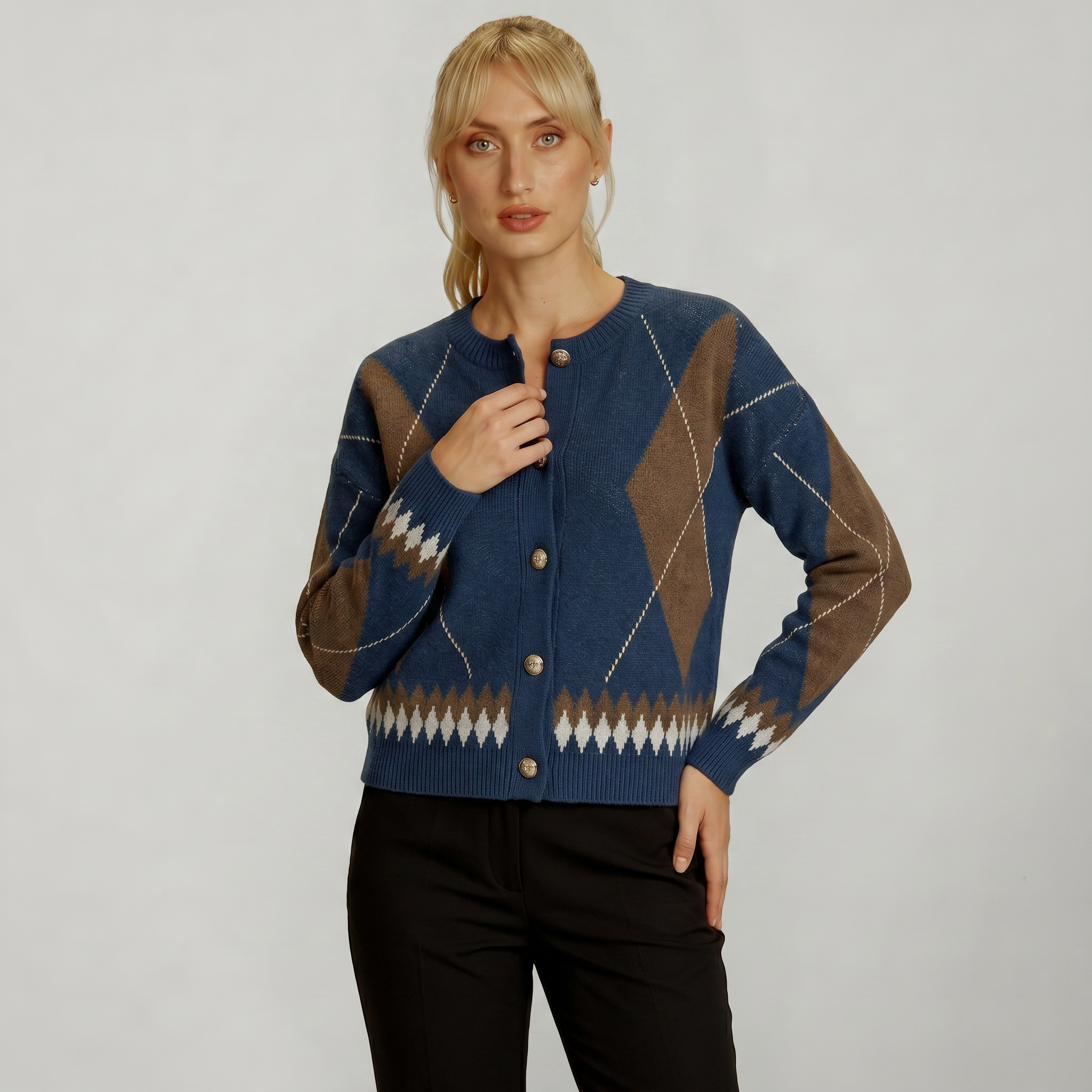Women’s Argyle Knit Cardigan - Button Front Patterned Sweater