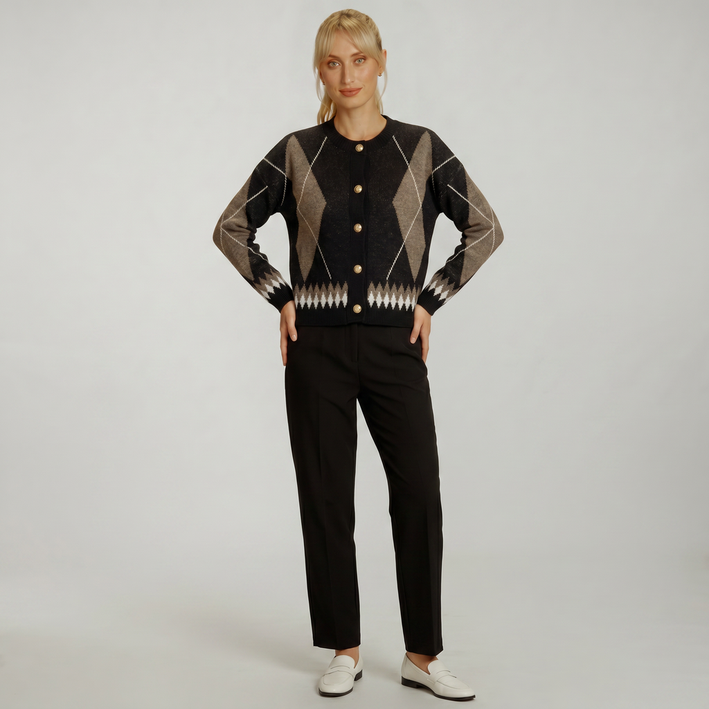 Women’s Argyle Knit Cardigan - Button Front Patterned Sweater