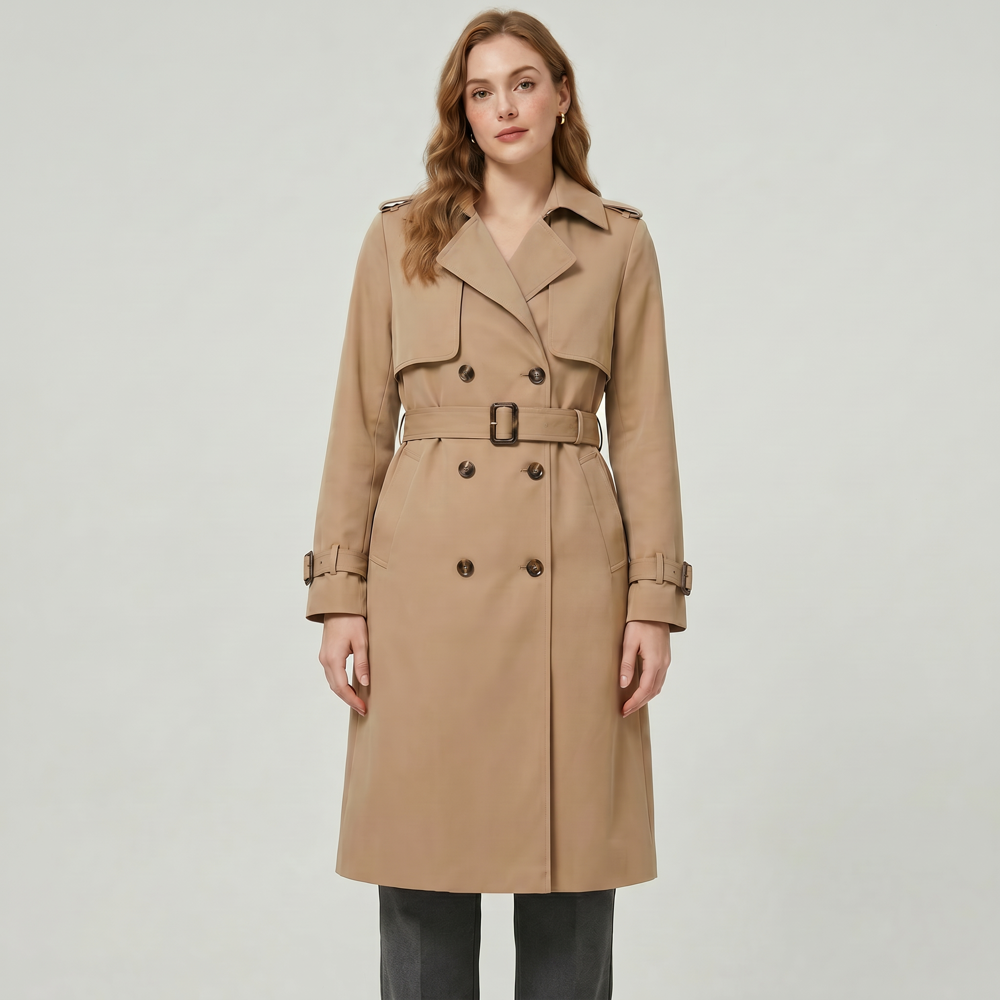 Women’s Belted Long Coat - Double-Breasted Longline Fit