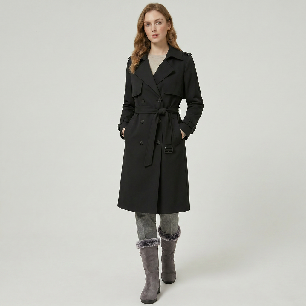 Women’s Belted Long Coat - Double-Breasted Longline Fit