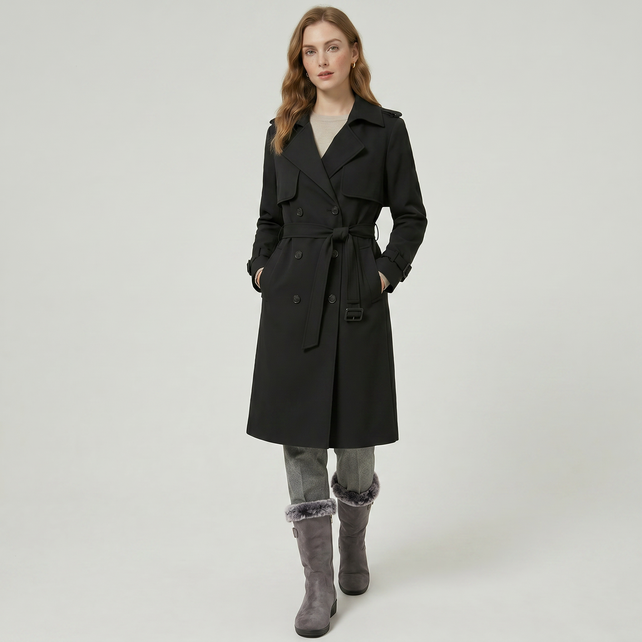 Women’s Belted Long Coat - Double-Breasted Longline Fit