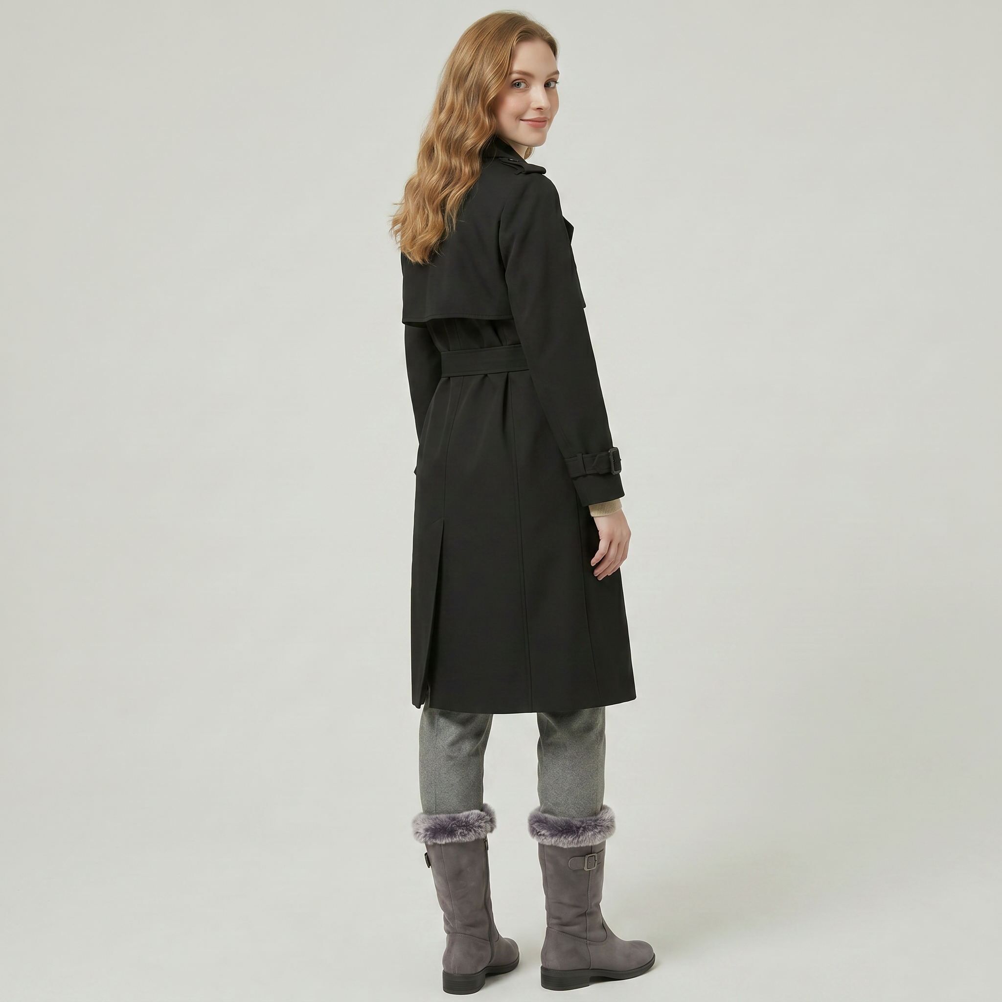 Women’s Belted Long Coat - Double-Breasted Longline Fit