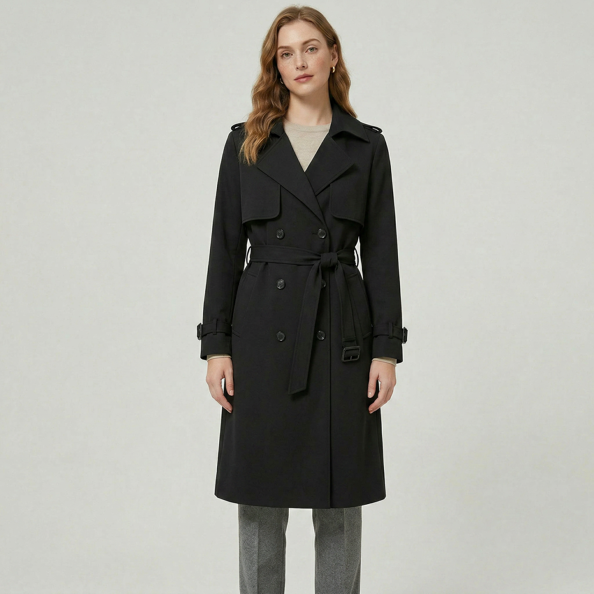 Women’s Belted Long Coat - Double-Breasted Longline Fit