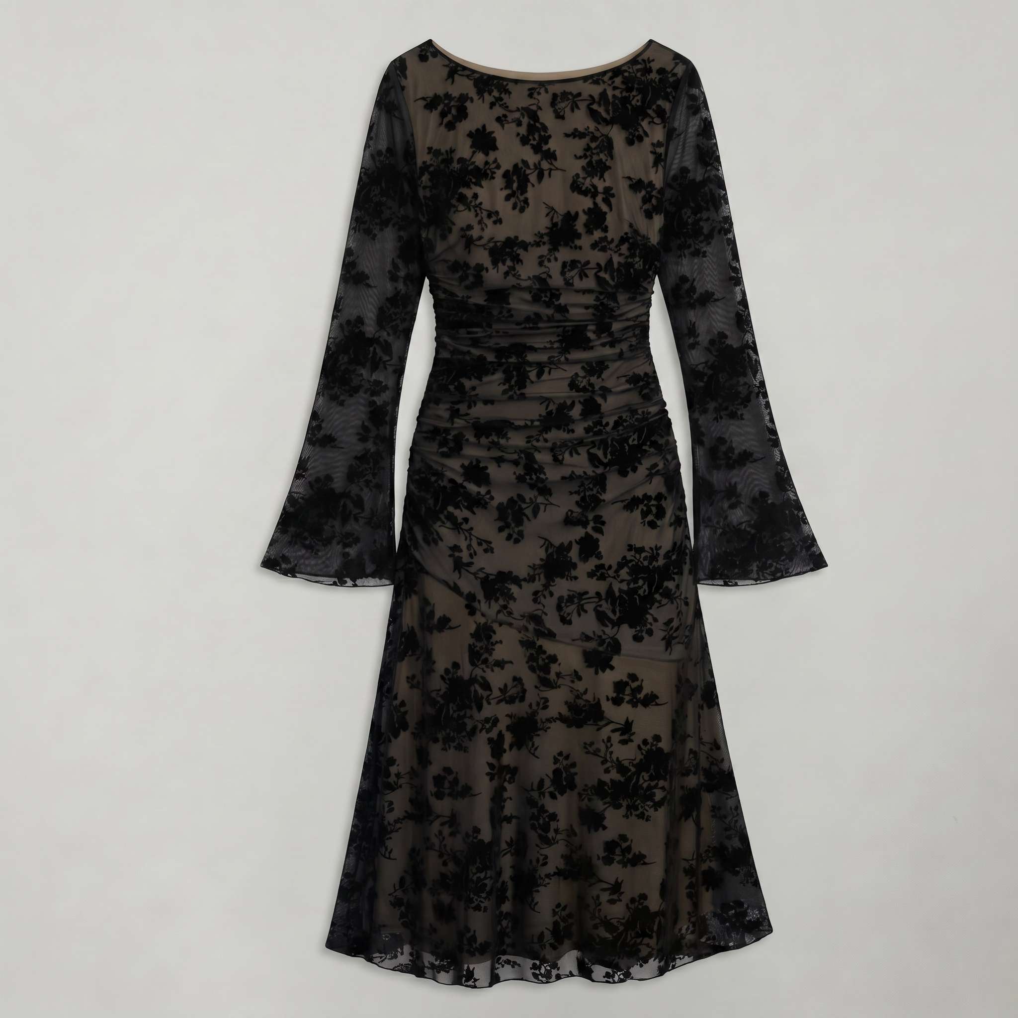Women’s Black Lace Midi Dress - Long Sleeve Fitted Fit