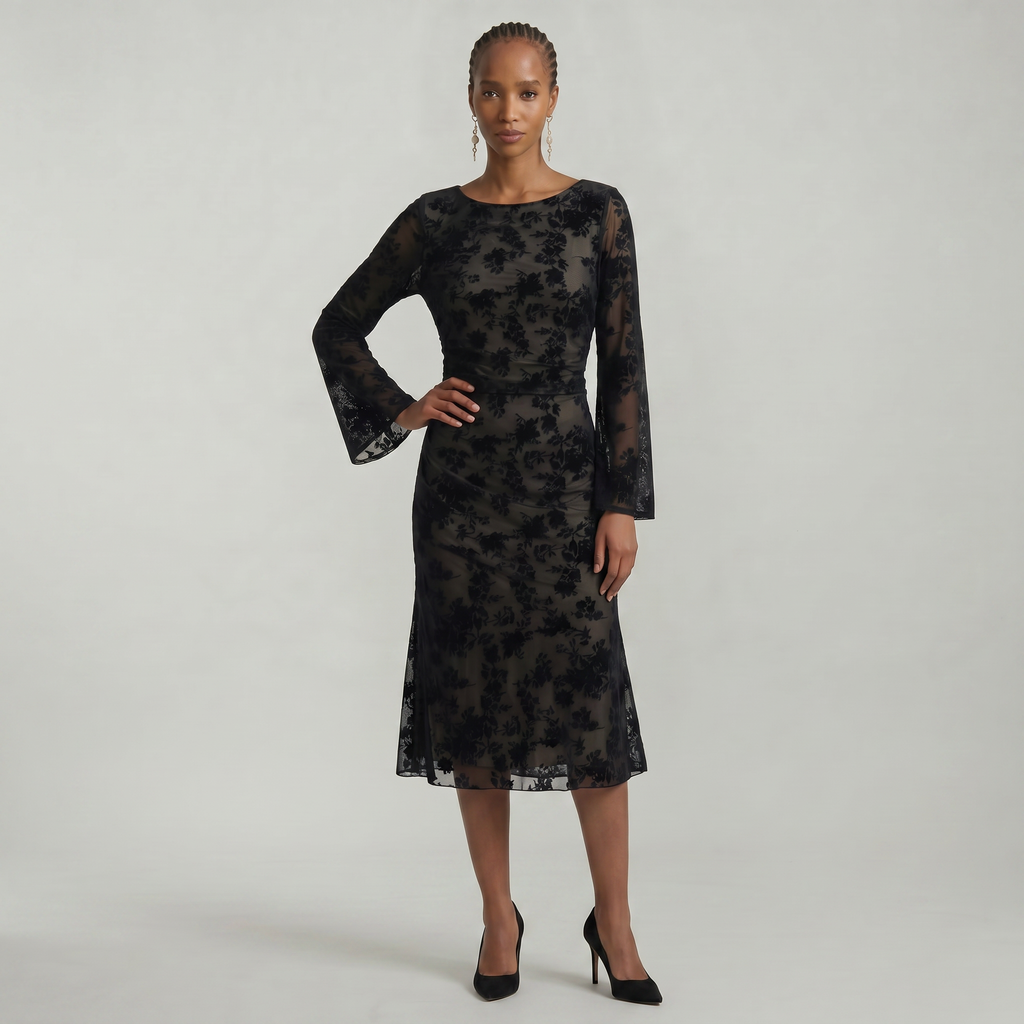 Women’s Black Lace Midi Dress - Long Sleeve Fitted Fit