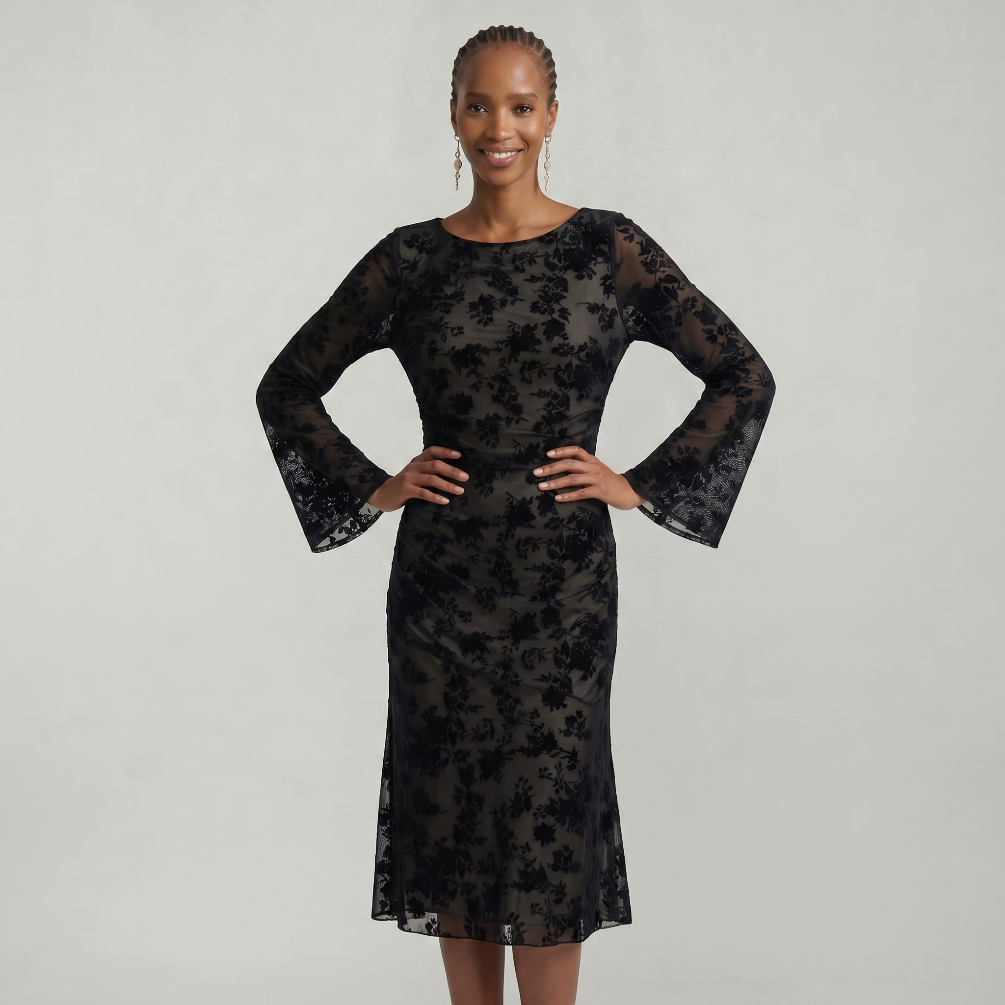 Women’s Black Lace Midi Dress - Long Sleeve Fitted Fit