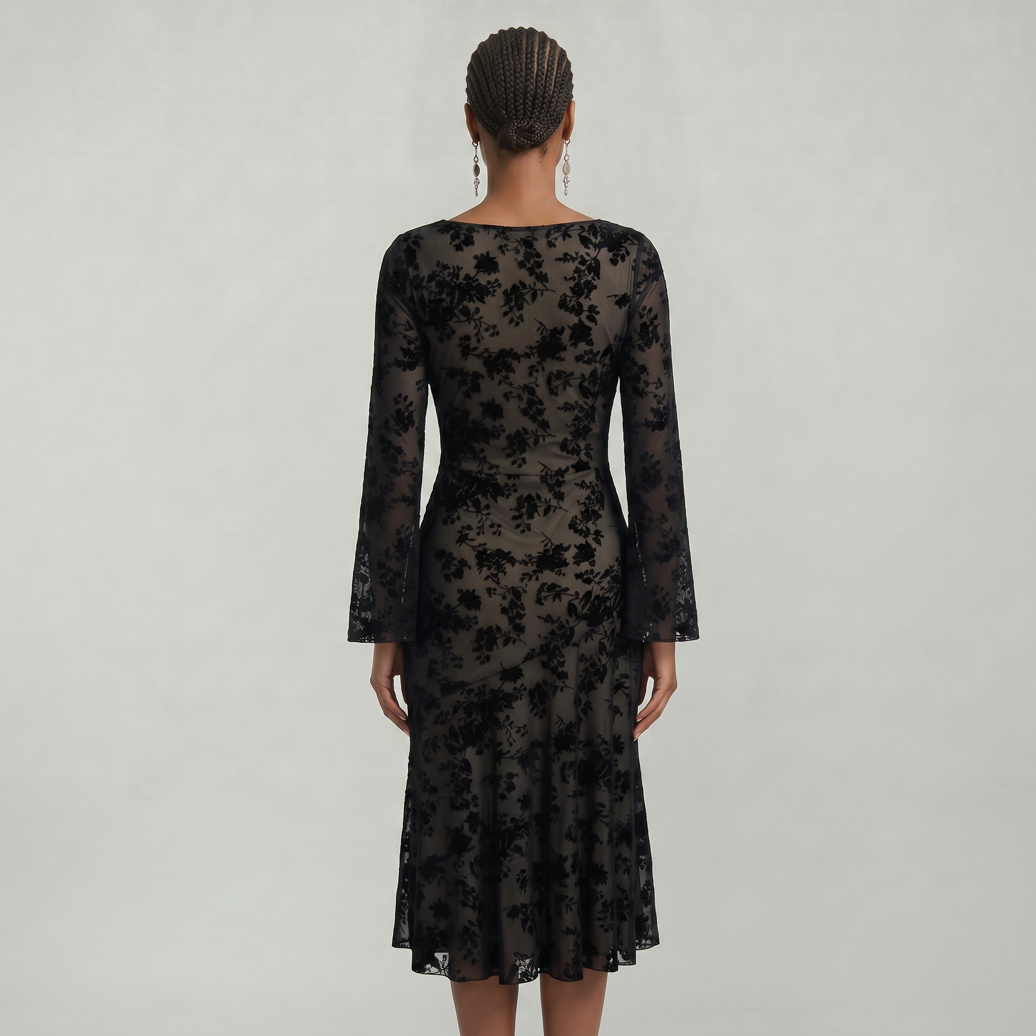 Women’s Black Lace Midi Dress - Long Sleeve Fitted Fit