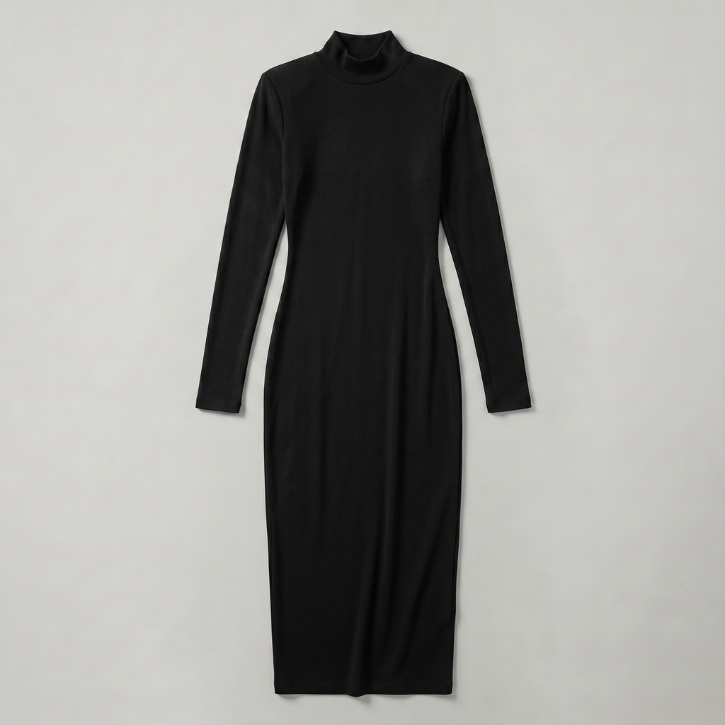 Women’s Black Turtleneck Maxi Dress - Long Sleeve Bodycon Fit