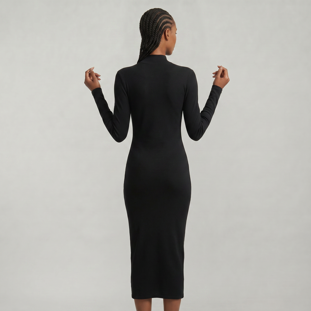 Women’s Black Turtleneck Maxi Dress - Long Sleeve Bodycon Fit