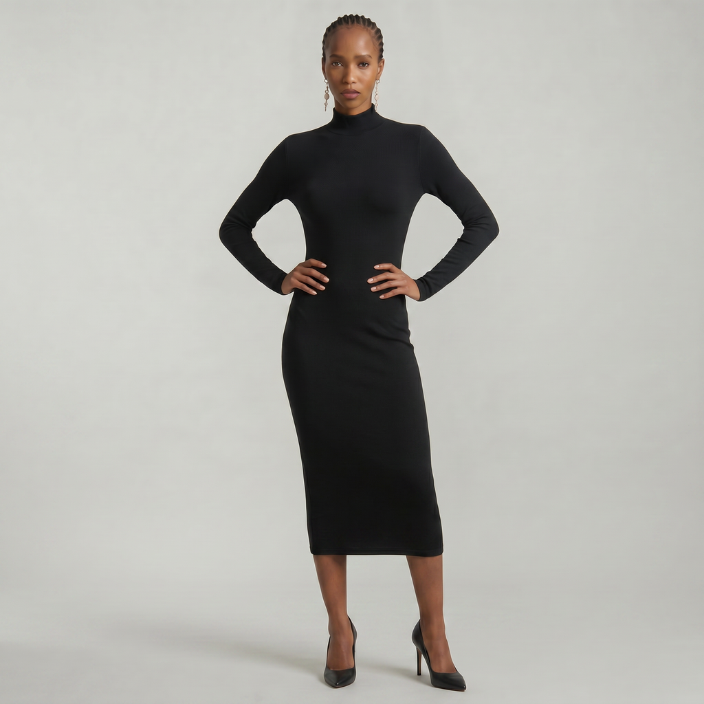Women’s Black Turtleneck Maxi Dress - Long Sleeve Bodycon Fit