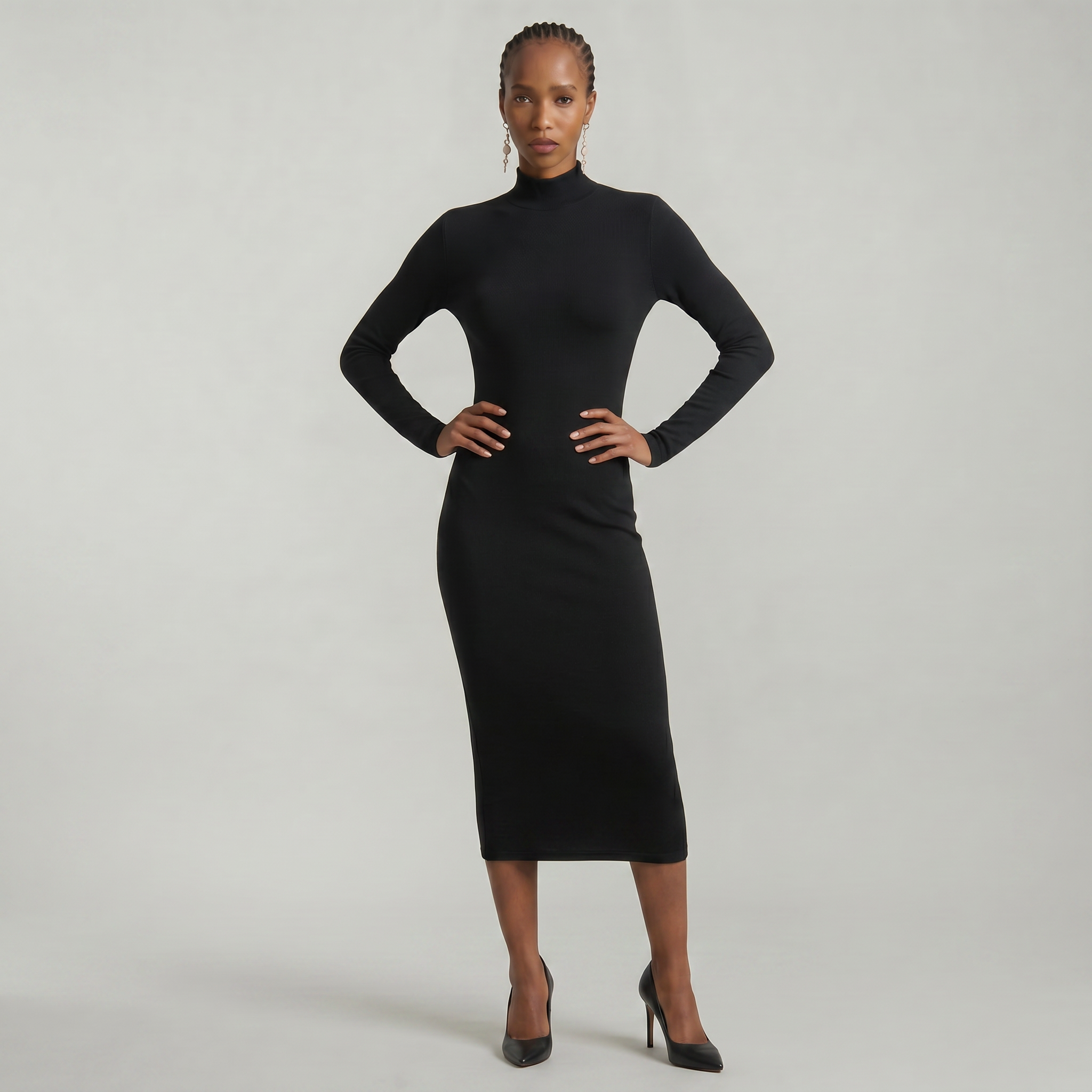 Women’s Black Turtleneck Maxi Dress - Long Sleeve Bodycon Fit