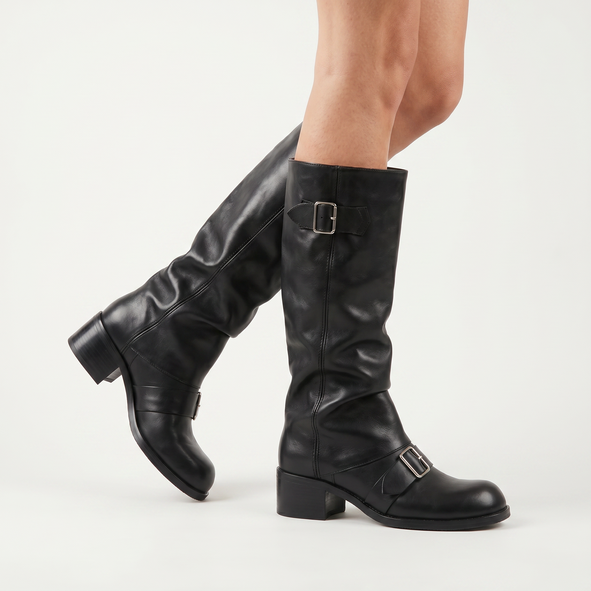 Women’s Buckle Strap Boots -  Block Heel Fit