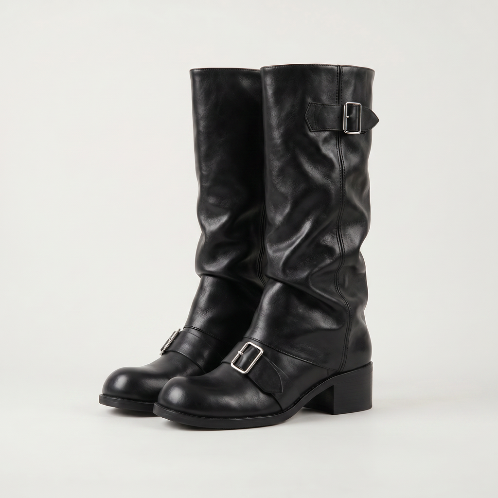 Women’s Buckle Strap Boots -  Block Heel Fit
