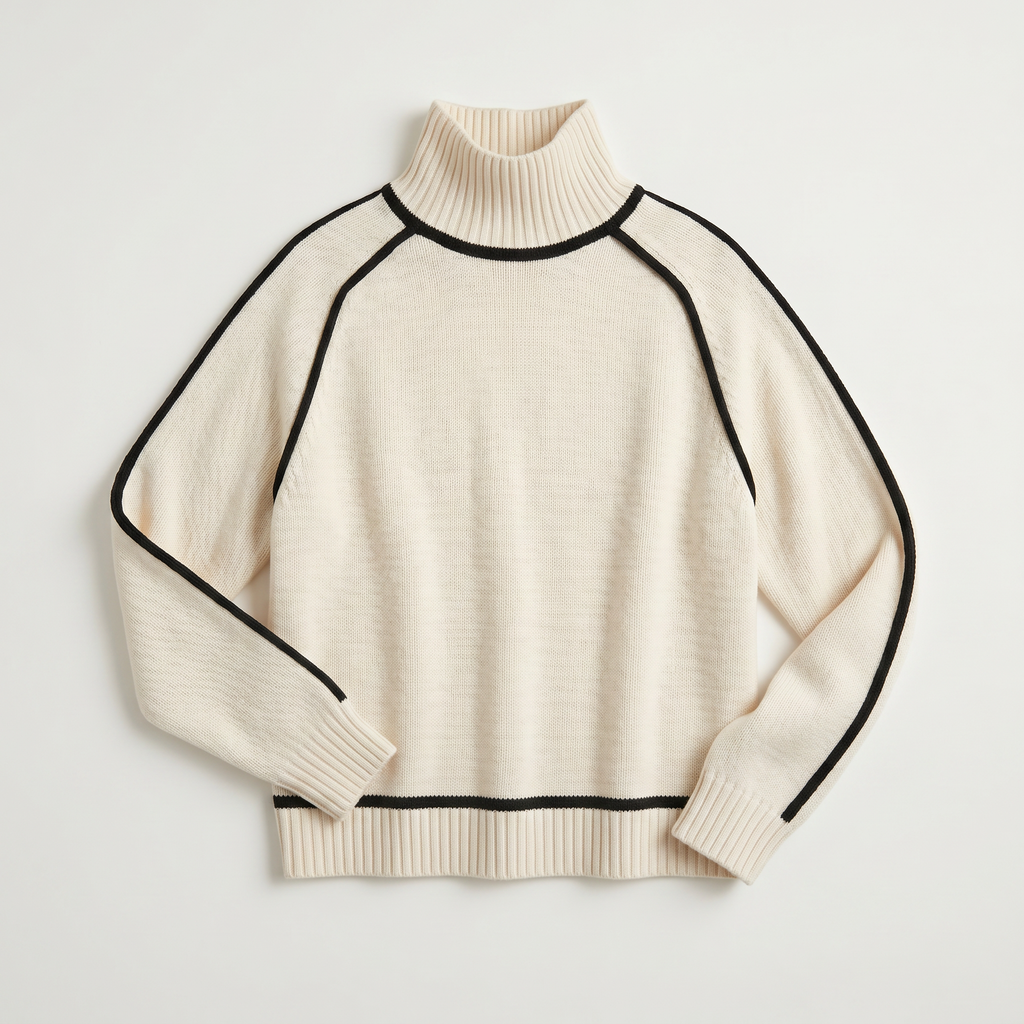 Women's Camel Turtleneck Sweater - Contrast Trim Oversized Knit Pullover Jumper