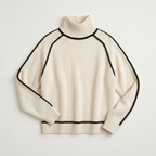Women's Camel Turtleneck Sweater - Contrast Trim Oversized Knit Pullover Jumper
