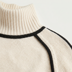 Women's Camel Turtleneck Sweater - Contrast Trim Oversized Knit Pullover Jumper