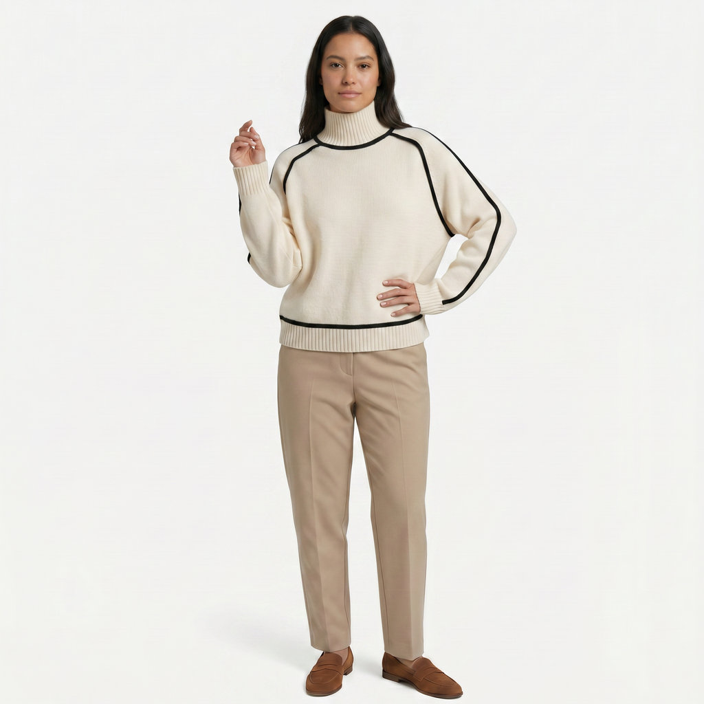 Women's Camel Turtleneck Sweater - Contrast Trim Oversized Knit Pullover Jumper