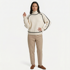 Women's Camel Turtleneck Sweater - Contrast Trim Oversized Knit Pullover Jumper