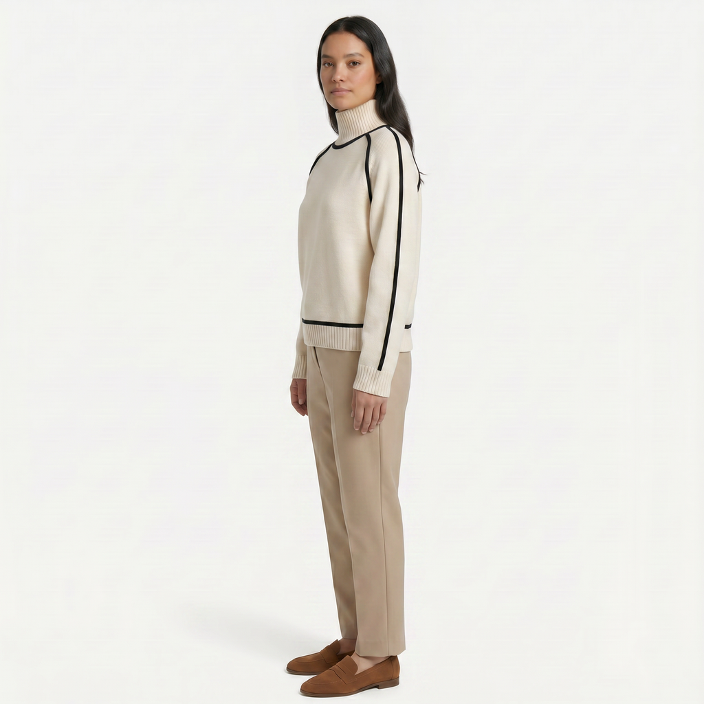 Women's Camel Turtleneck Sweater - Contrast Trim Oversized Knit Pullover Jumper