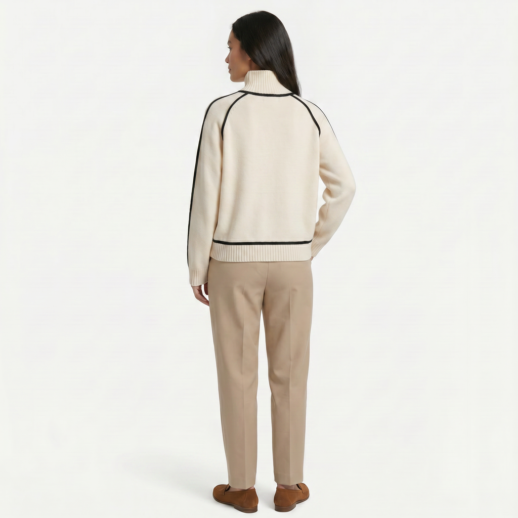 Women's Camel Turtleneck Sweater - Contrast Trim Oversized Knit Pullover Jumper