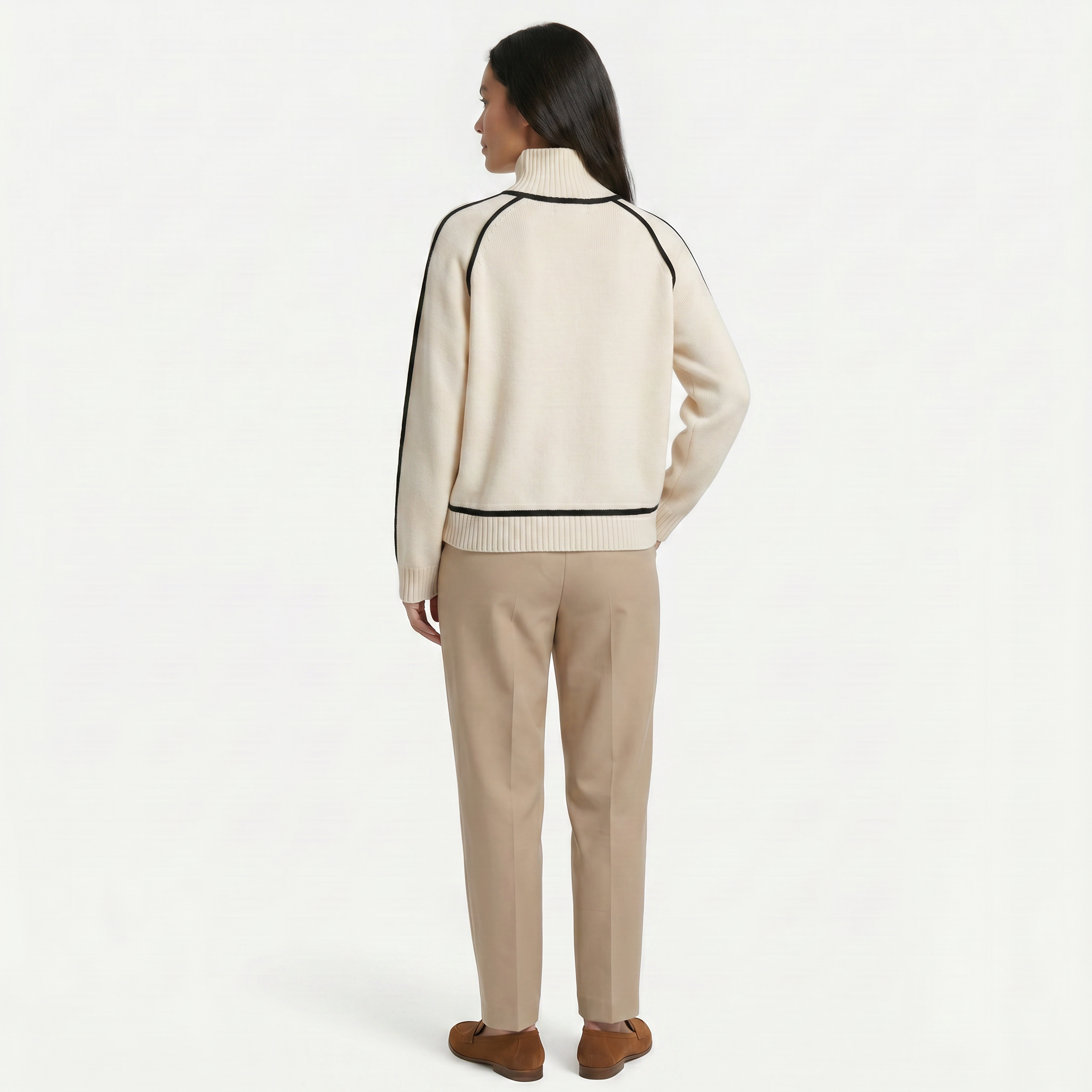 Women's Camel Turtleneck Sweater - Contrast Trim Oversized Knit Pullover Jumper