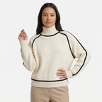 Women's Camel Turtleneck Sweater - Contrast Trim Oversized Knit Pullover Jumper
