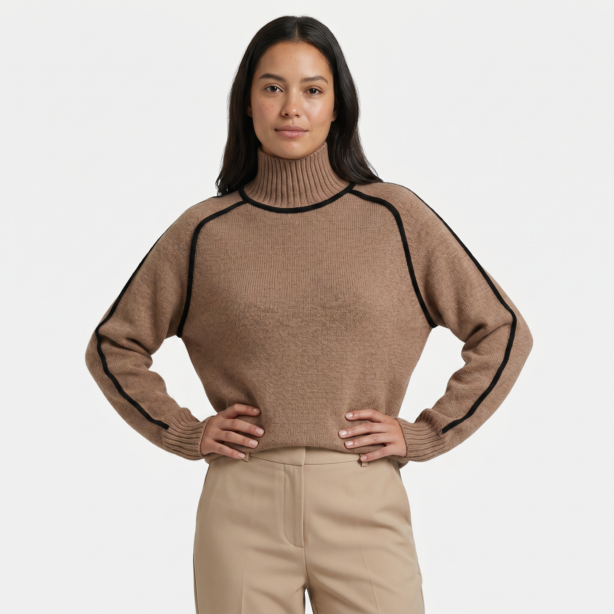 Women's Camel Turtleneck Sweater - Contrast Trim Oversized Knit Pullover Jumper