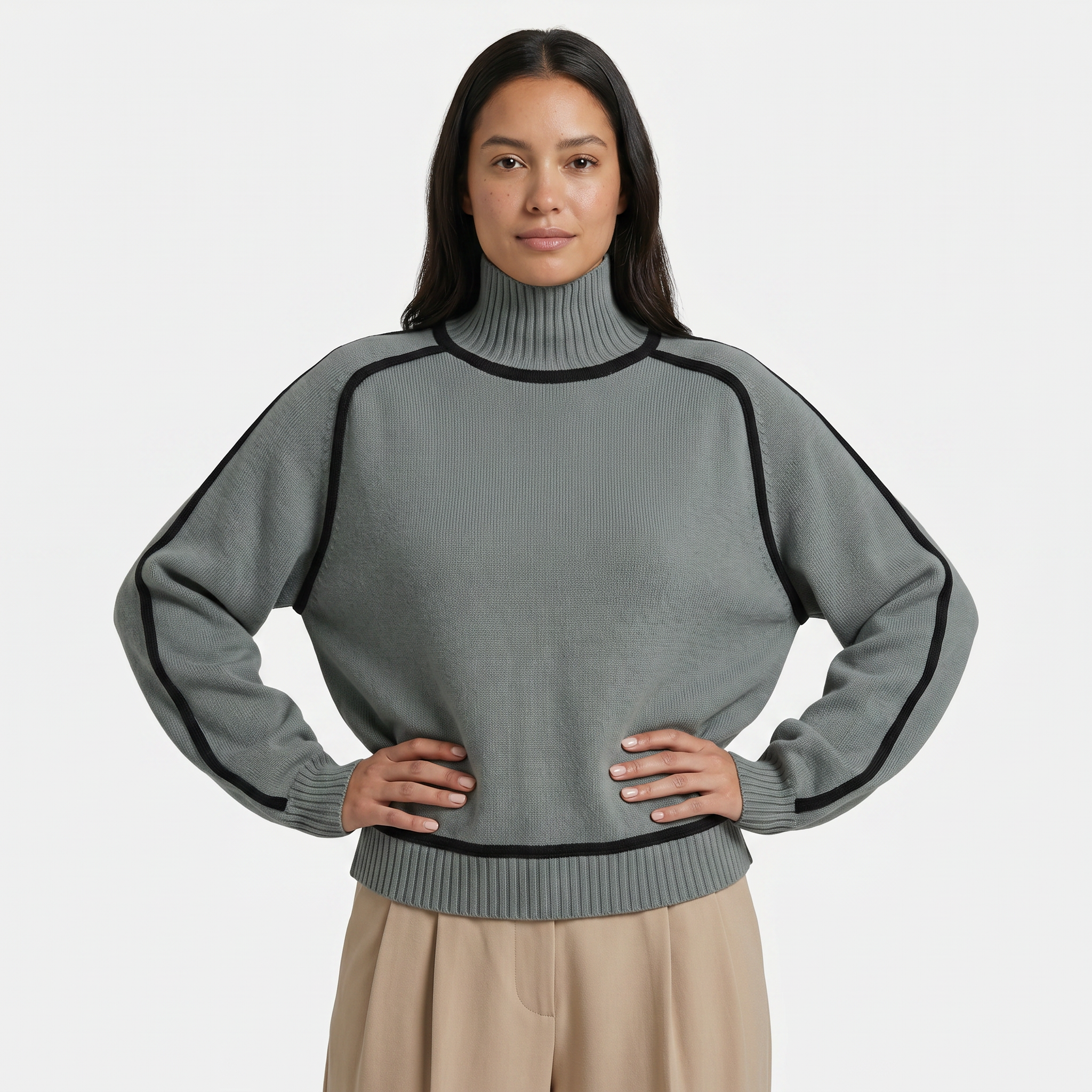 Women's Camel Turtleneck Sweater - Contrast Trim Oversized Knit Pullover Jumper