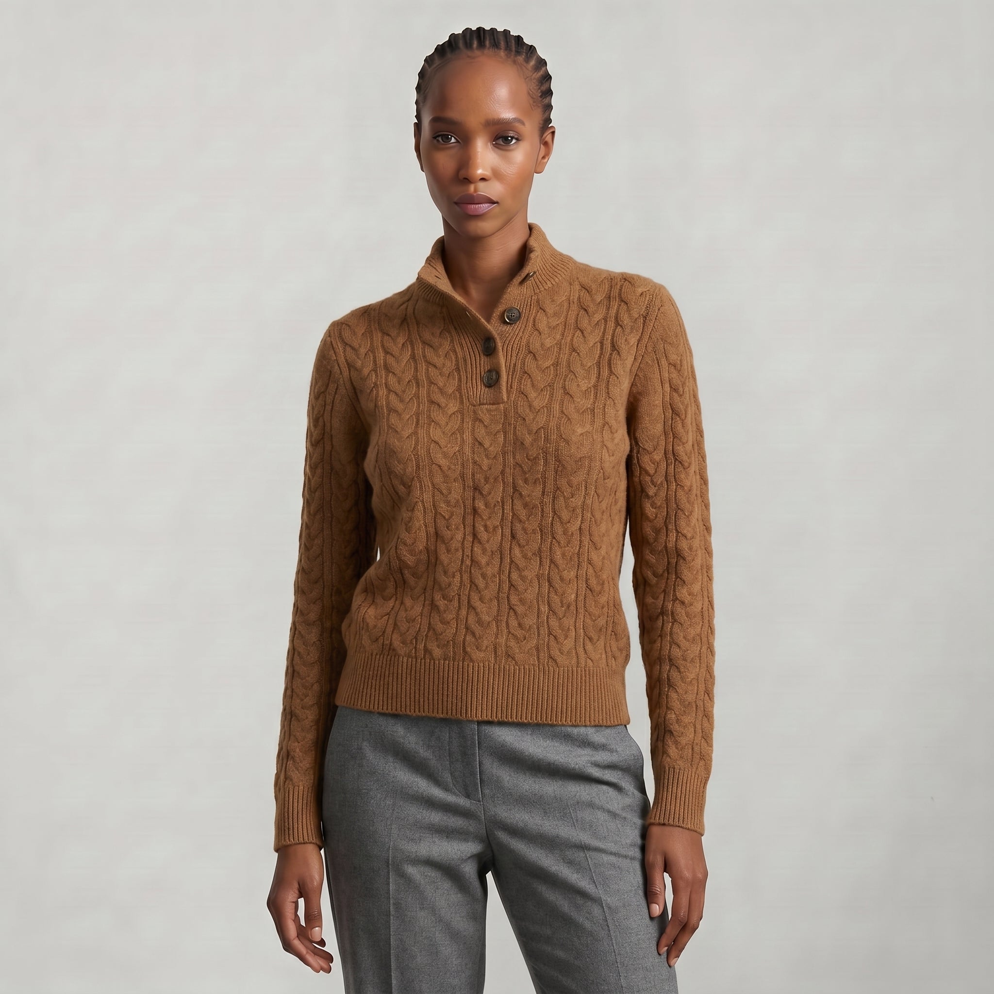 Women’s Cashmere Cable Knit Sweater - Button Collar Slim Fit