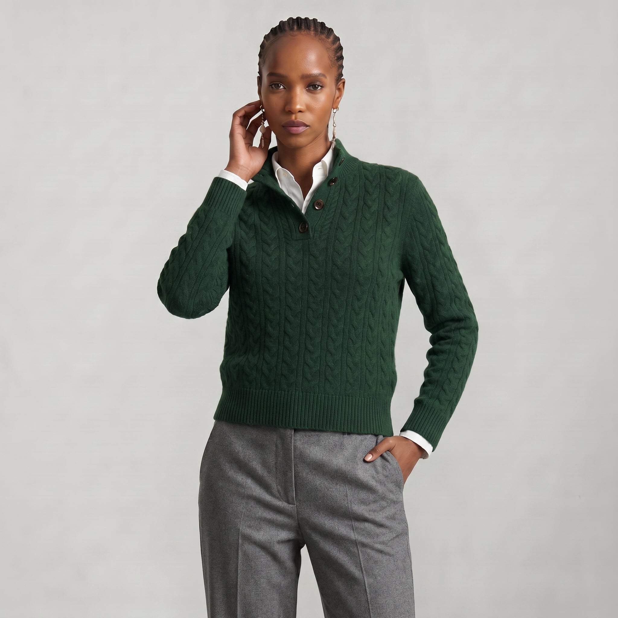 Women’s Cashmere Cable Knit Sweater - Button Collar Slim Fit