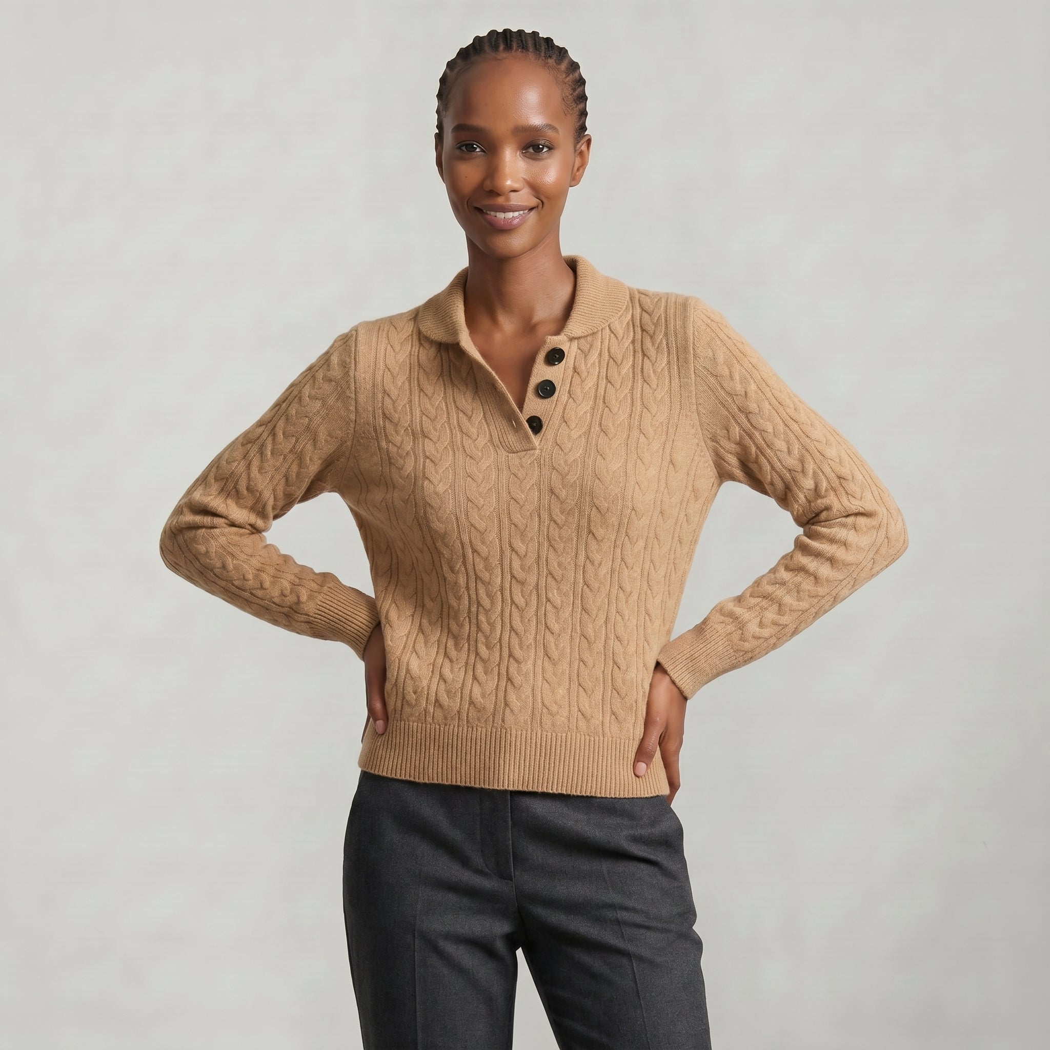Women’s Cashmere Cable Knit Sweater - Button Collar Slim Fit