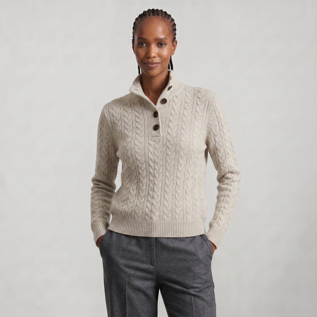 Women’s Cashmere Cable Knit Sweater - Button Collar Slim Fit