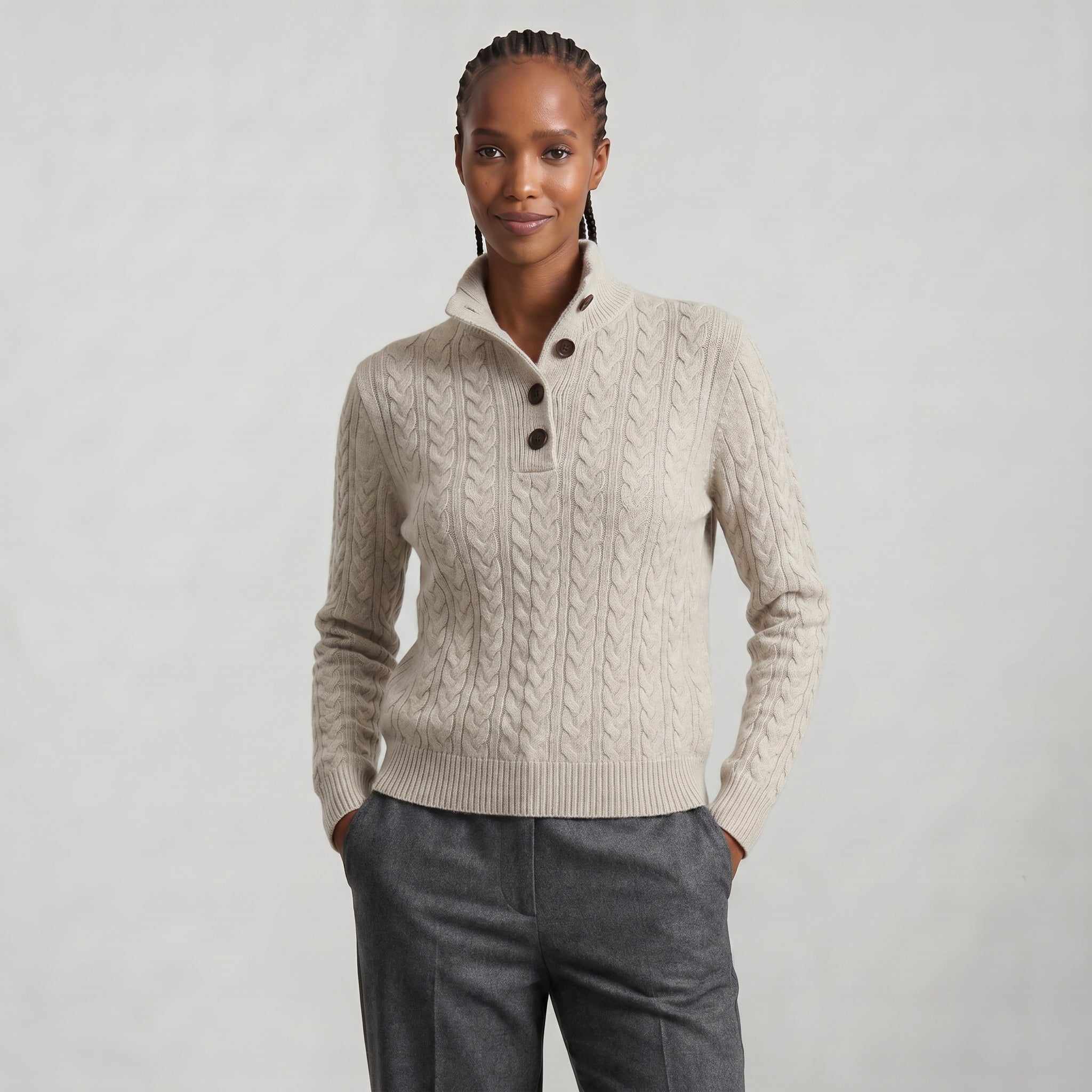 Women’s Cashmere Cable Knit Sweater - Button Collar Slim Fit