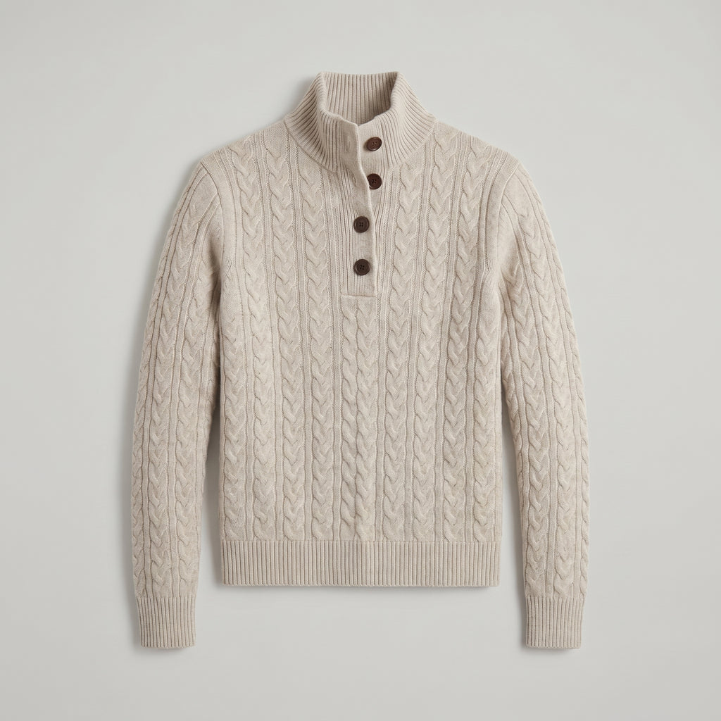 Women’s Cashmere Cable Knit Sweater - Button Collar Slim Fit
