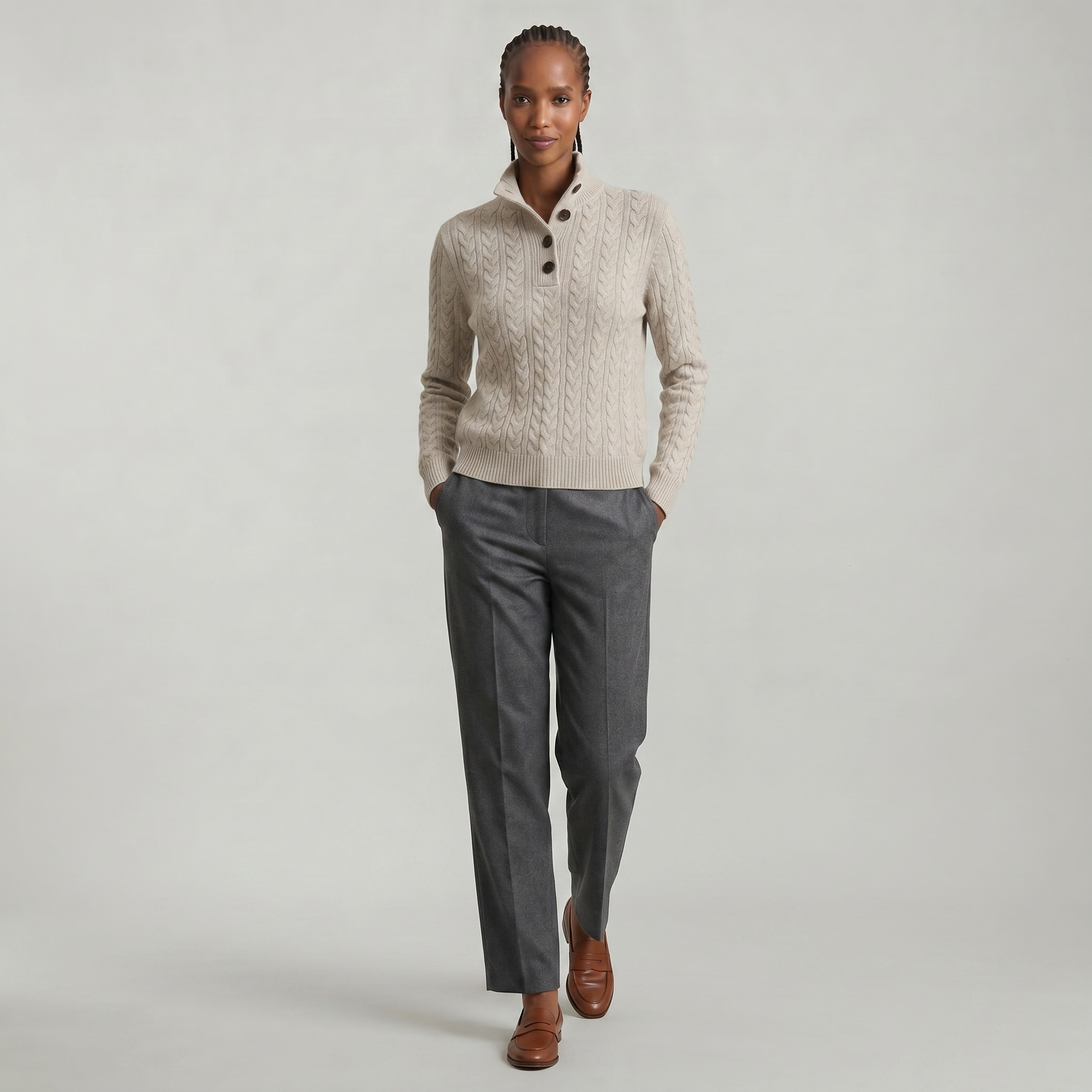 Women’s Cashmere Cable Knit Sweater - Button Collar Slim Fit