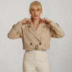 Women’s Cropped Trench Jacket - Belted Short Double-Breasted Coat