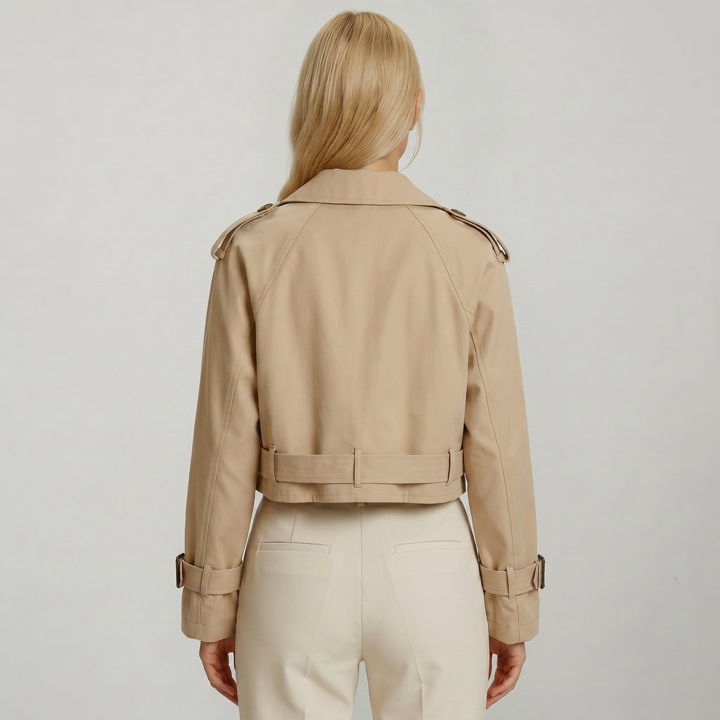 Women’s Cropped Trench Jacket - Belted Short Double-Breasted Coat