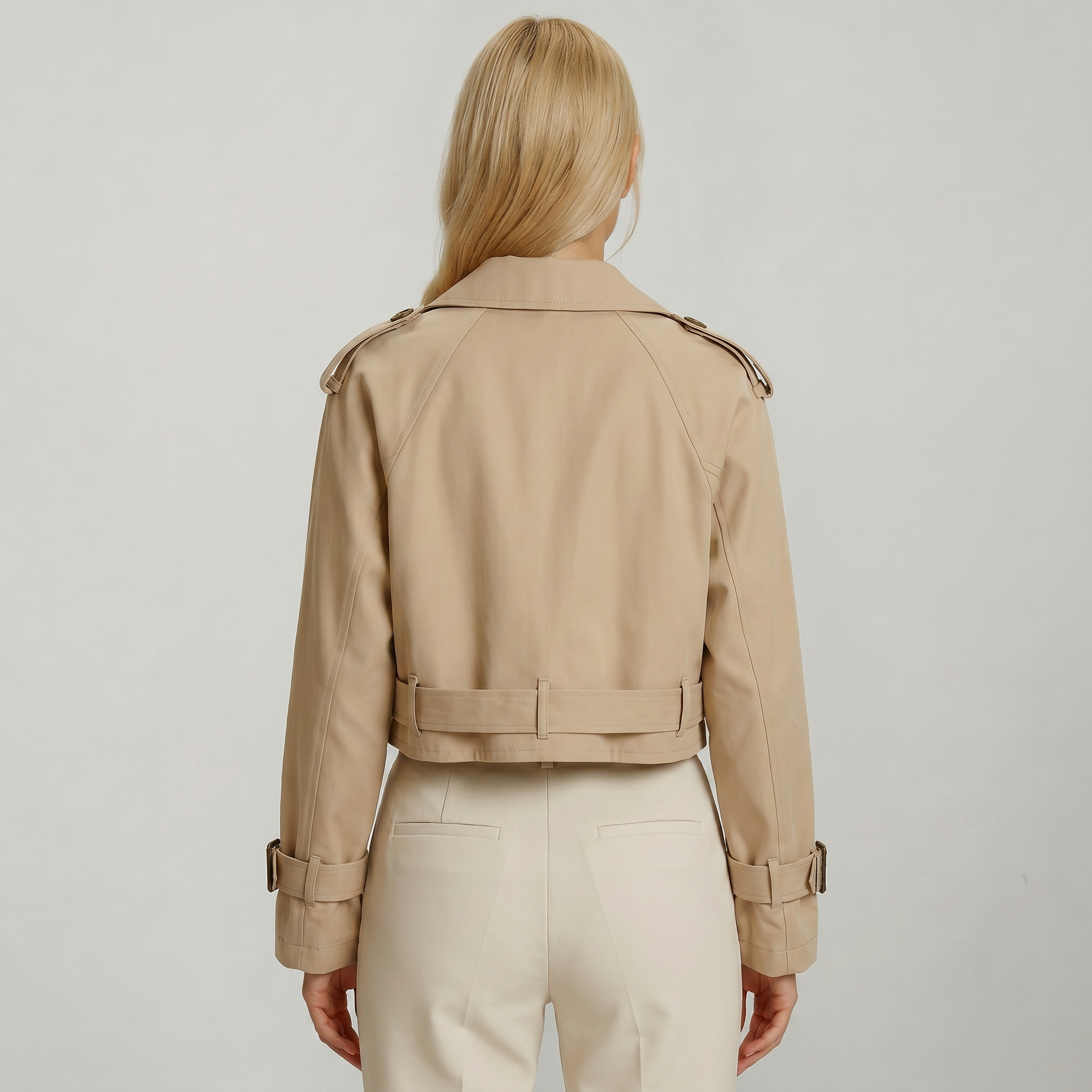 Women’s Cropped Trench Jacket - Belted Short Double-Breasted Coat