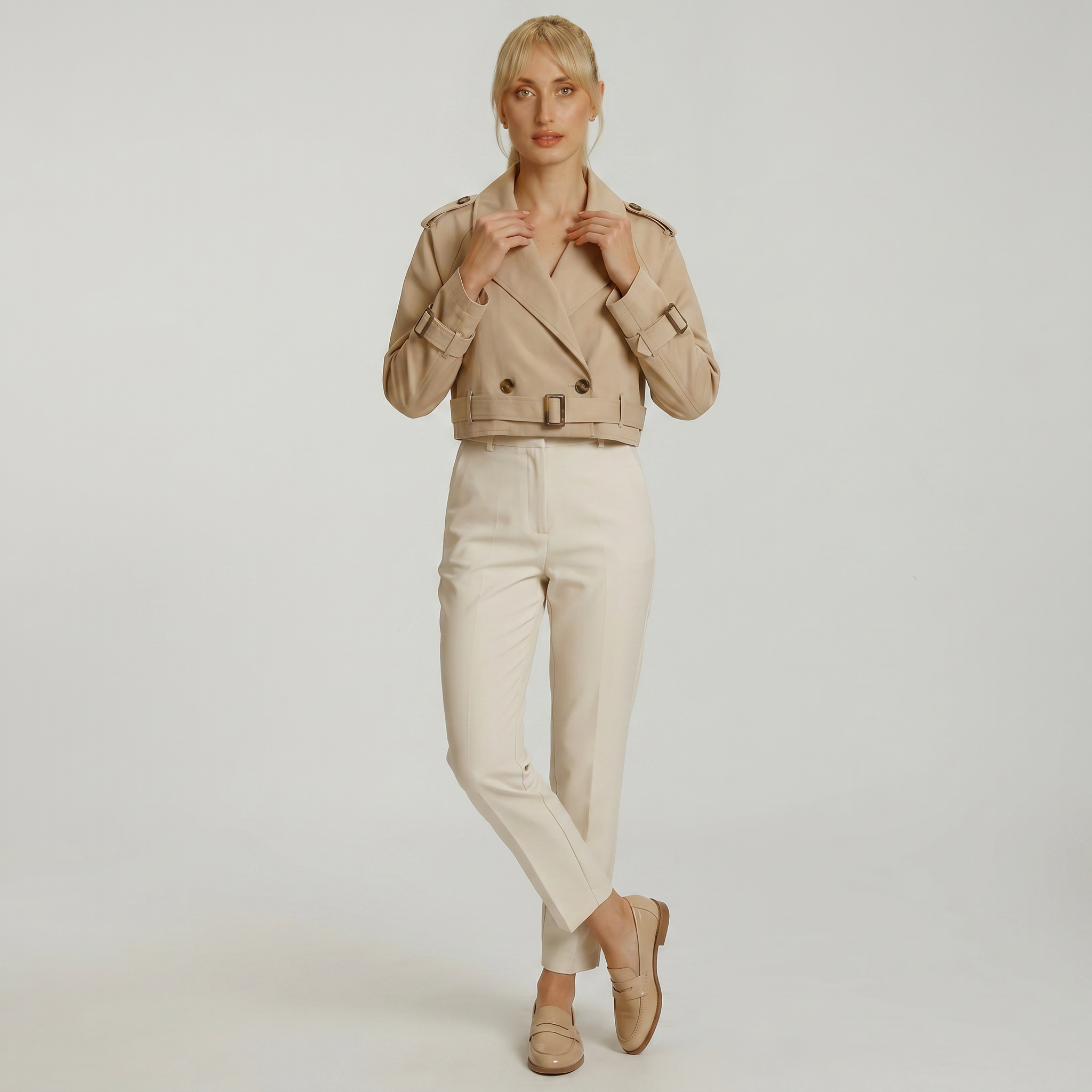 Women’s Cropped Trench Jacket - Belted Short Double-Breasted Coat